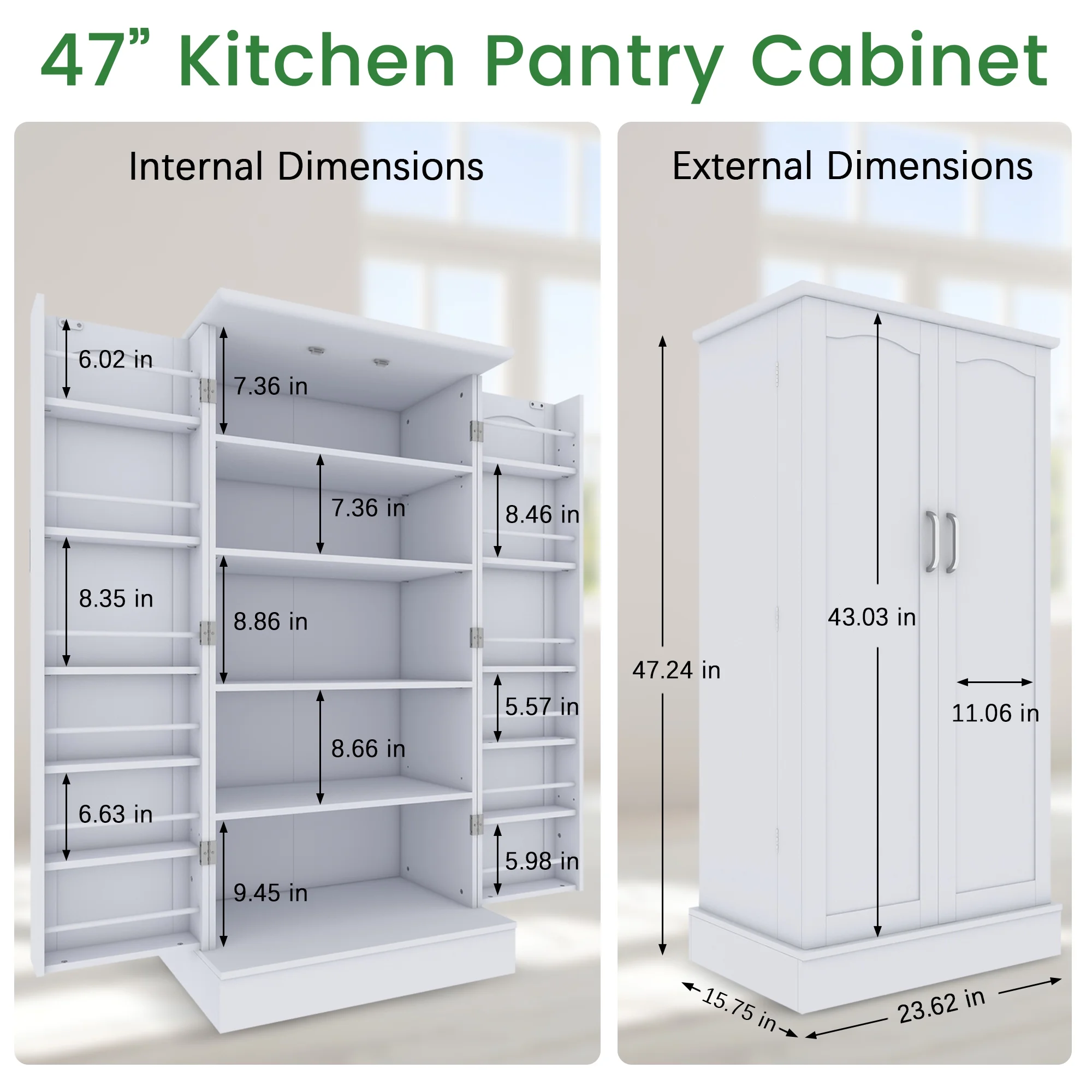 47 Kitchen Pantry Cabinet, White Buffet Cupboards Sideboard with Doors & Adjustable Shelves, Kitchen - Image 4