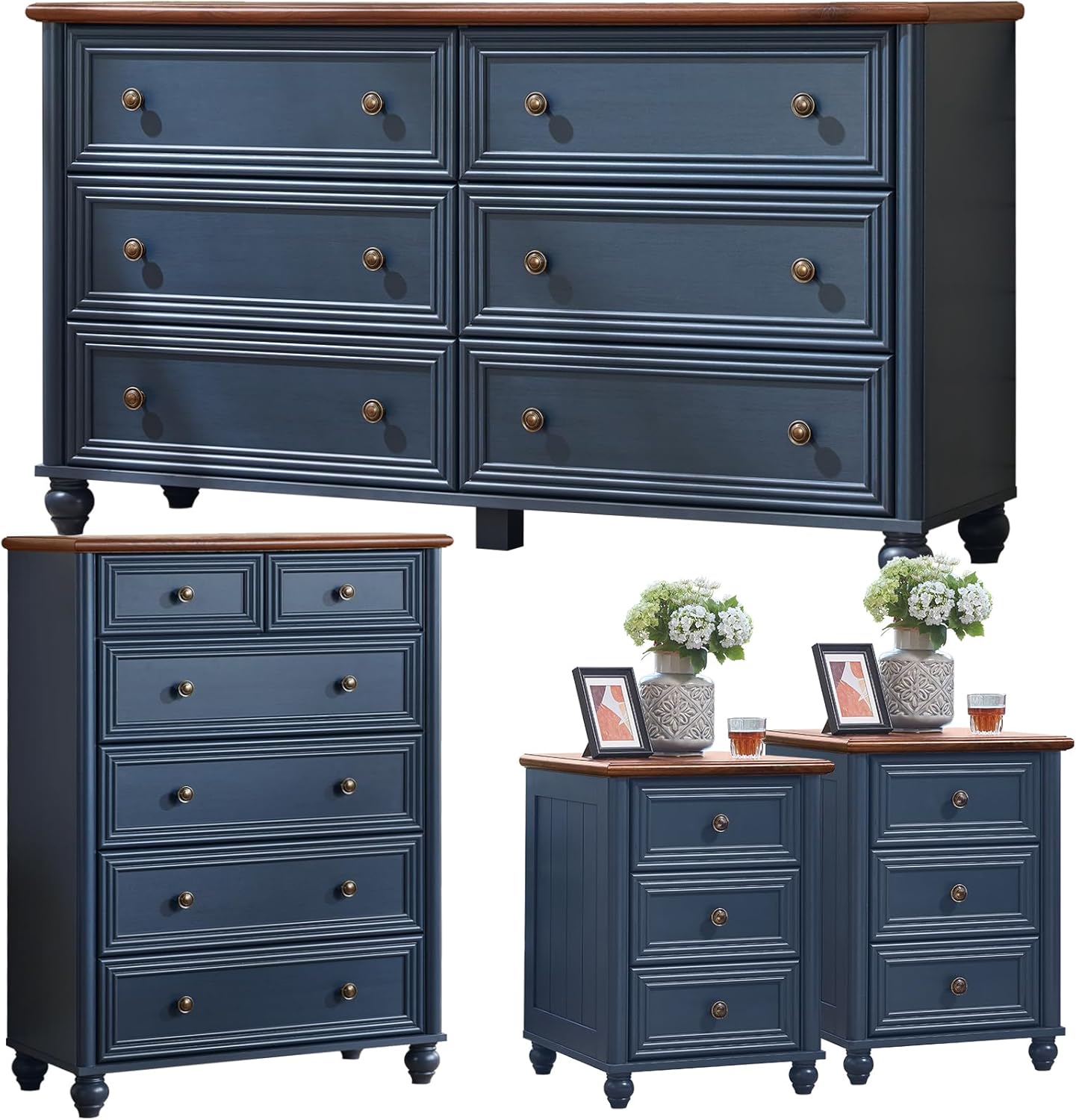 Farmhouse Dresser and Nightstand Sets 4 Piece, Wooden 6 Drawers Dresser & 43.5