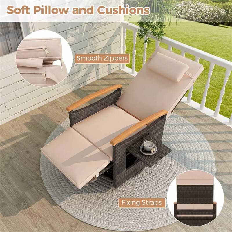 Outdoor 360° Swivel Rattan Recliner Chair with Adjustable Backrest & Footrest, Patio Wicker Chaise Lounge Chair with Flip Side Table & Cushion