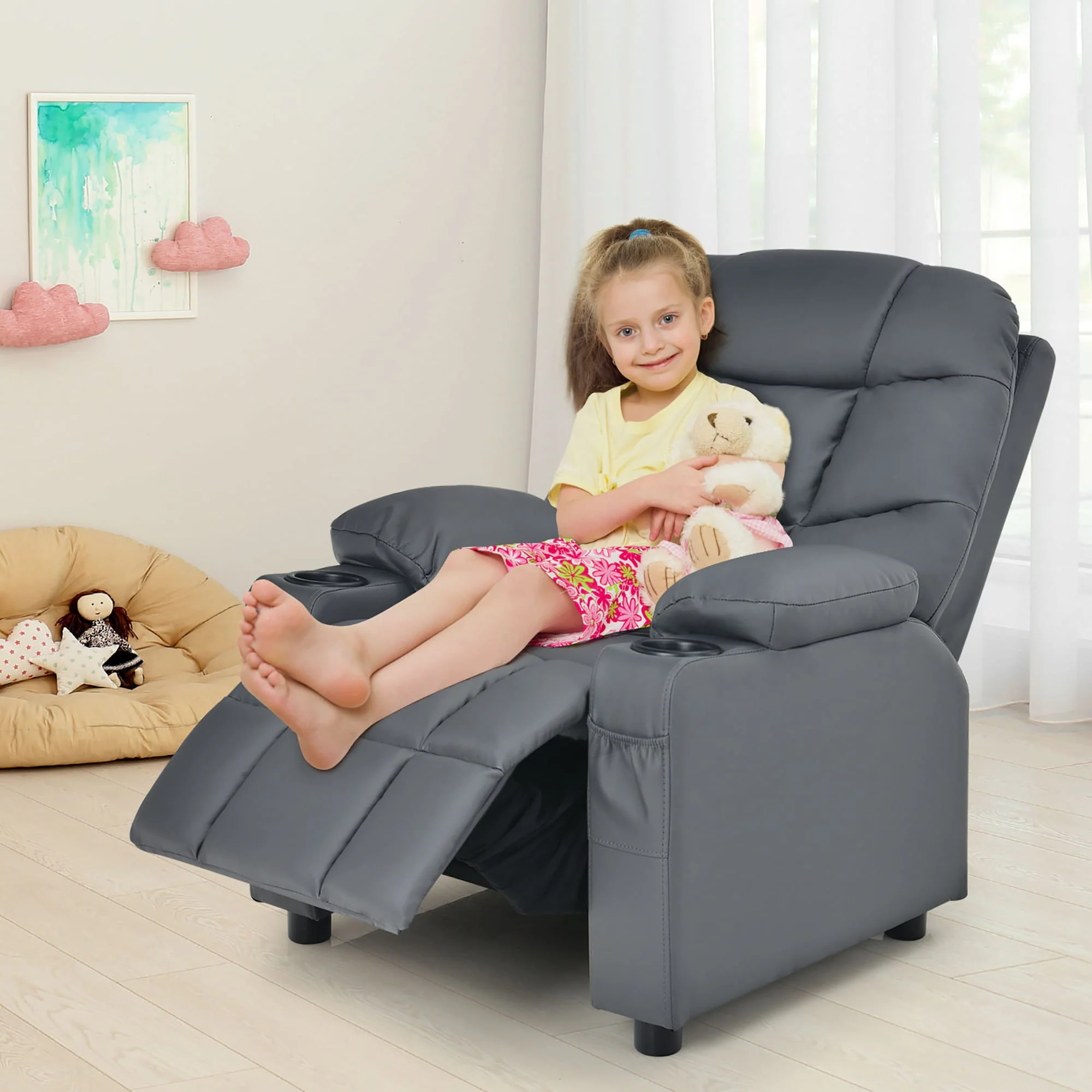 Costway Kids Youth Recliner Chair PU Leather w/Cup Holders & Side Pockets Grey - Image 7