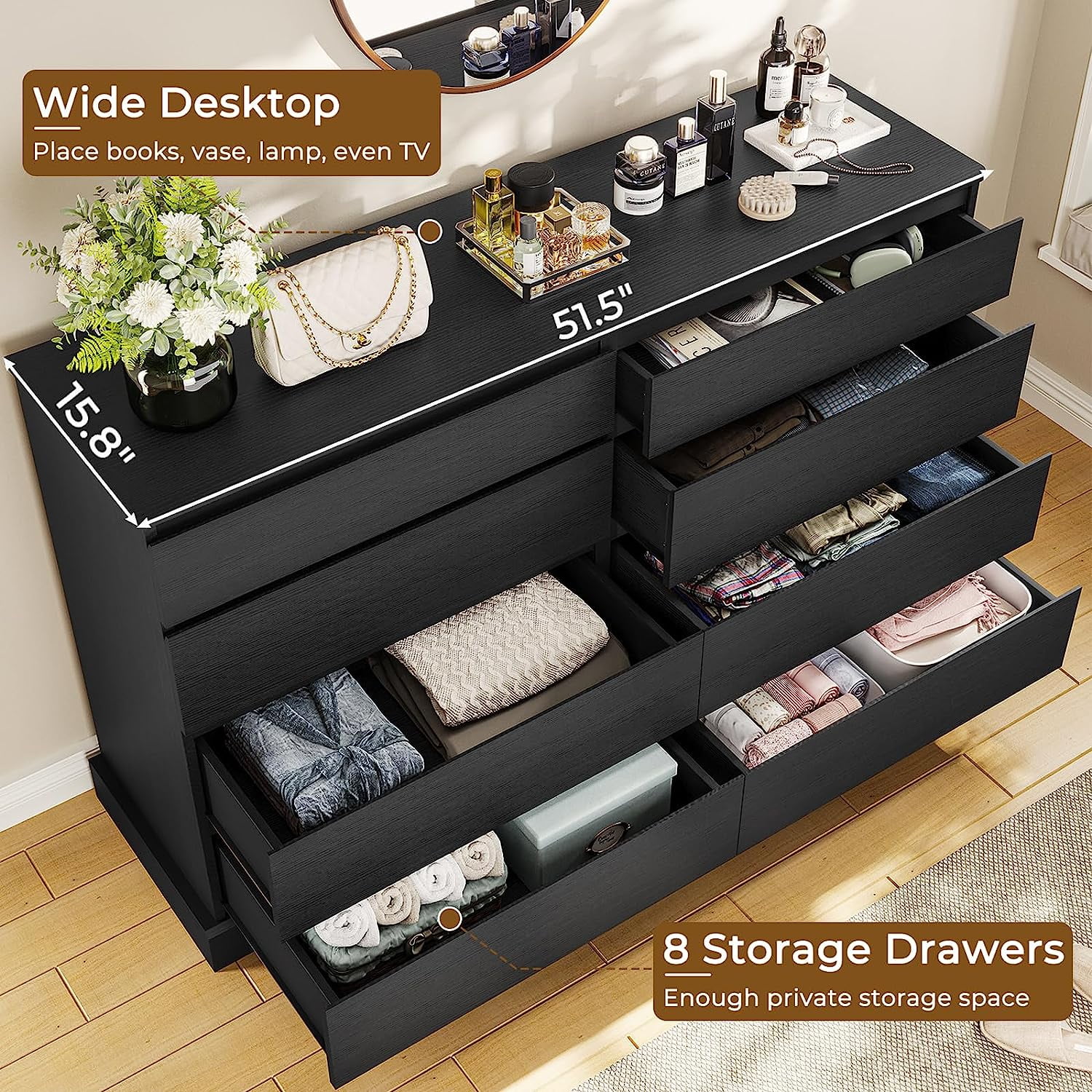 8 Drawers Double Dresser Wooden Black Chest of Drawers for Bedroom, Large Storage Cabinet for Home Living Room - Image 8