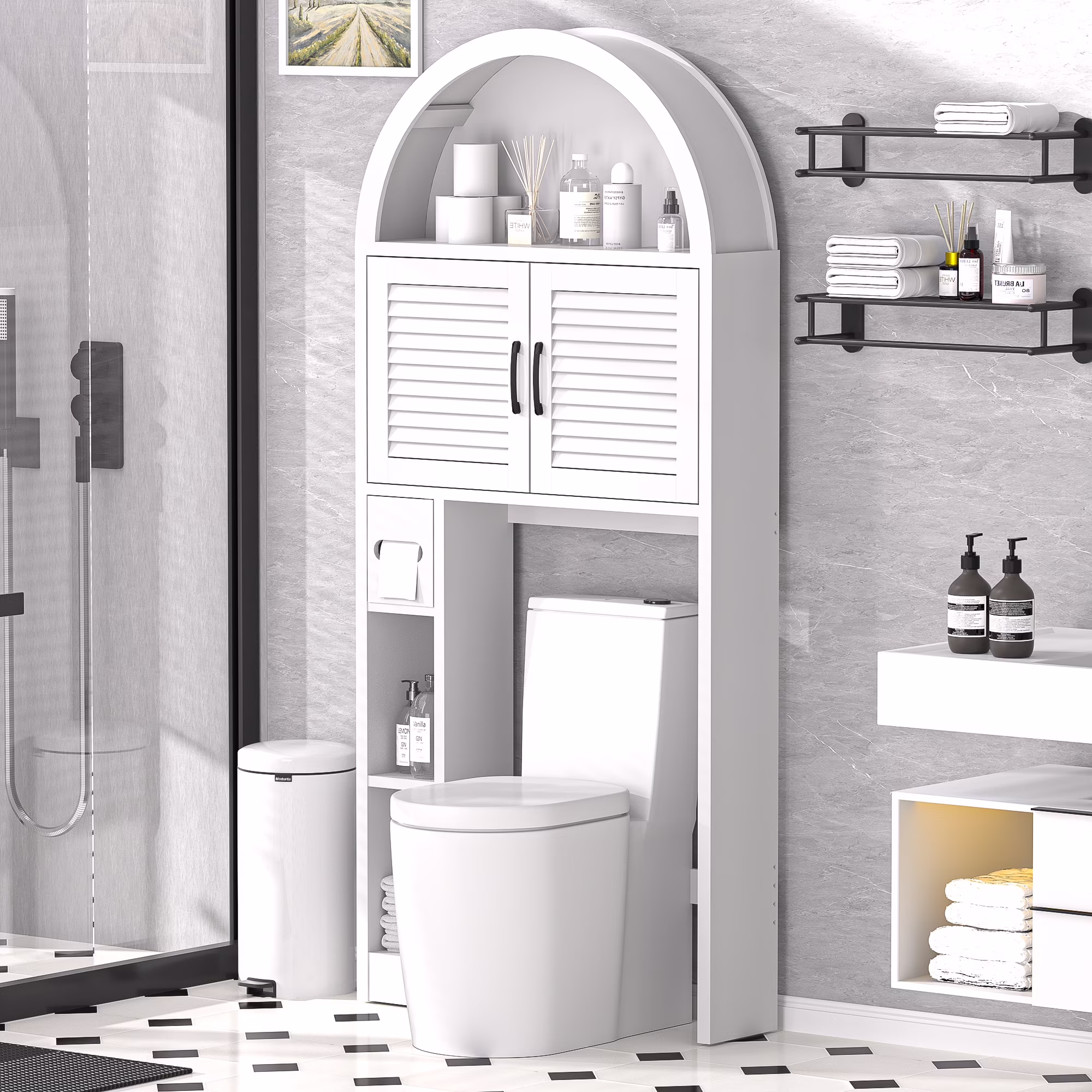 HARIPUL Over The Toilet Storage Cabinet w/ Unique Wood Grain & Arc Design, Freestanding Bathroom Shelf Organizer Space Saver w/ Doors & Anti-Tip Device, Wood Color - Image 20
