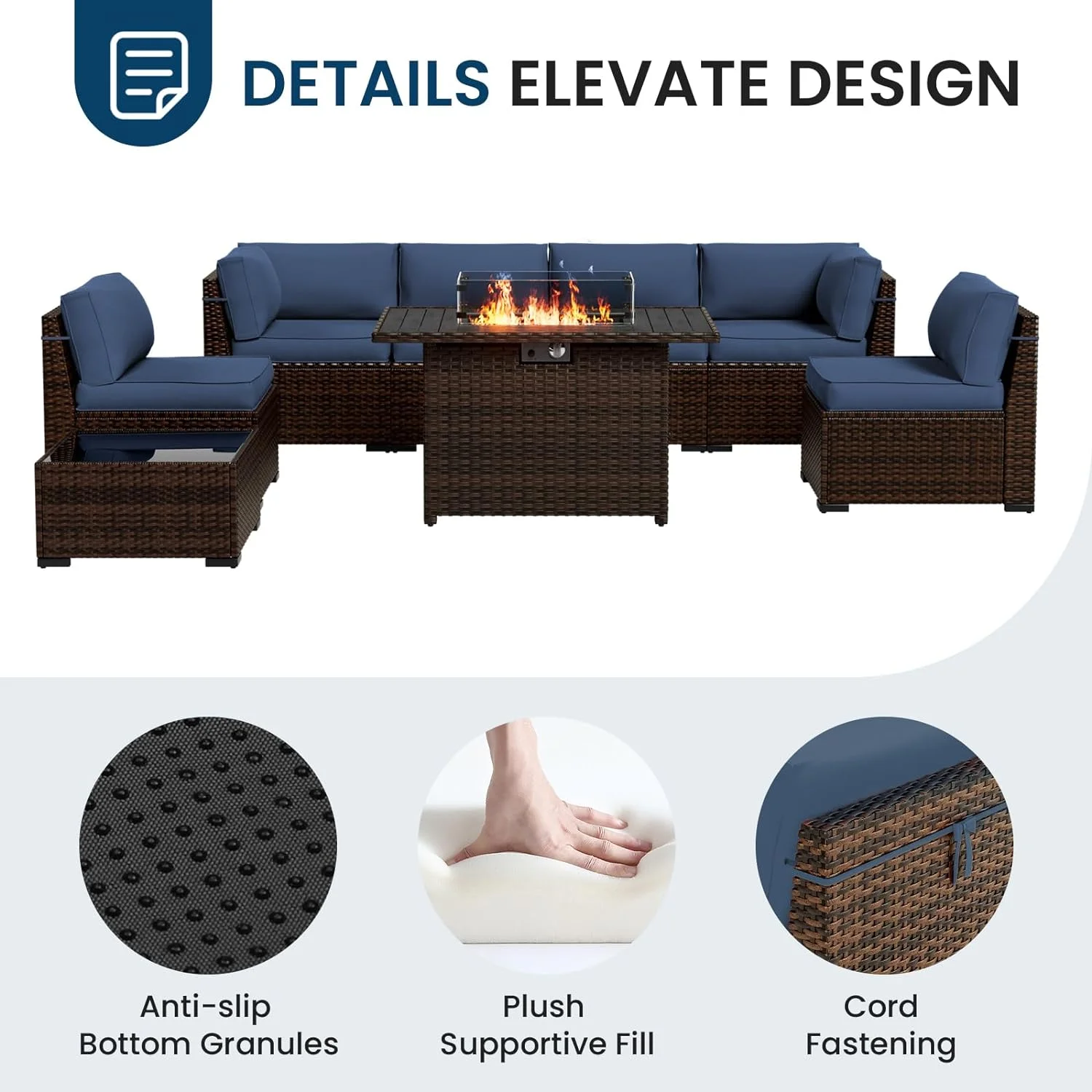 MRUAKA 8 Pieces Patio Furniture Set with Fire Pit Table, Outdoor Furniture Sectional Rattan Sofa with Slanted Back, Patio Couch with Glass Coffee Table for Backyard Garden (Navy)
