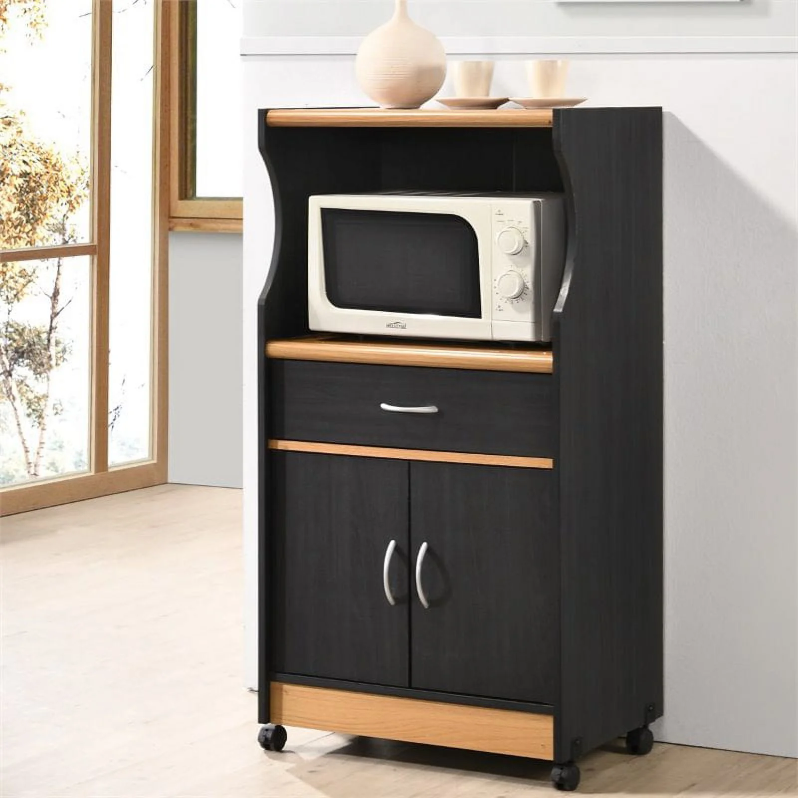 Pemberly Row Wood Microwave Kitchen Cart with Open Storage in Black Beech