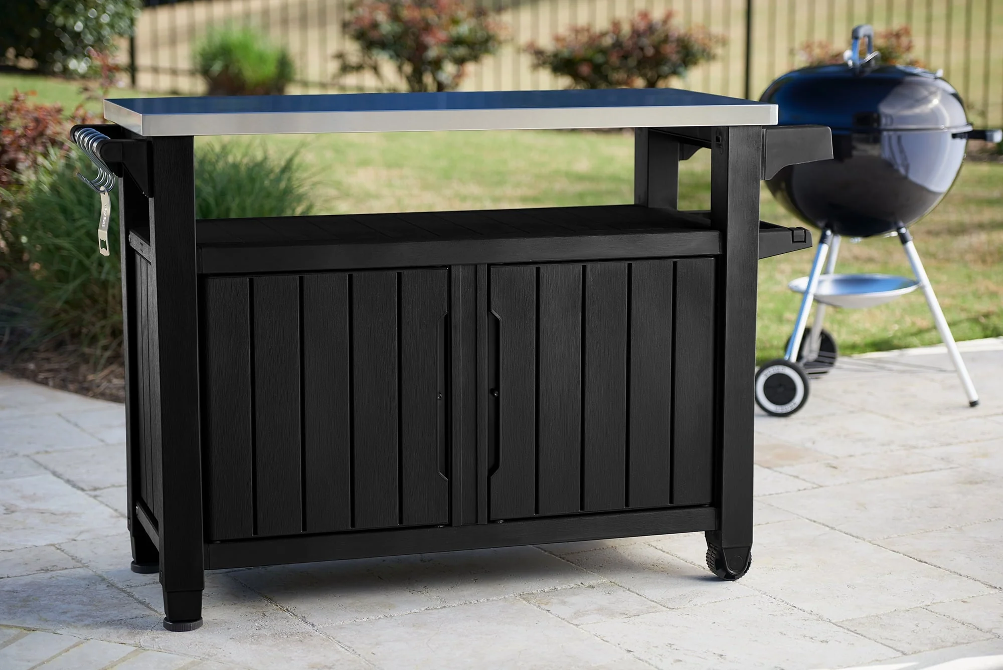 Keter Unity XL Resin Serving Station, All-Weather Plastic and Metal Grill, Storage and Prep Table, Graphite - Image 2