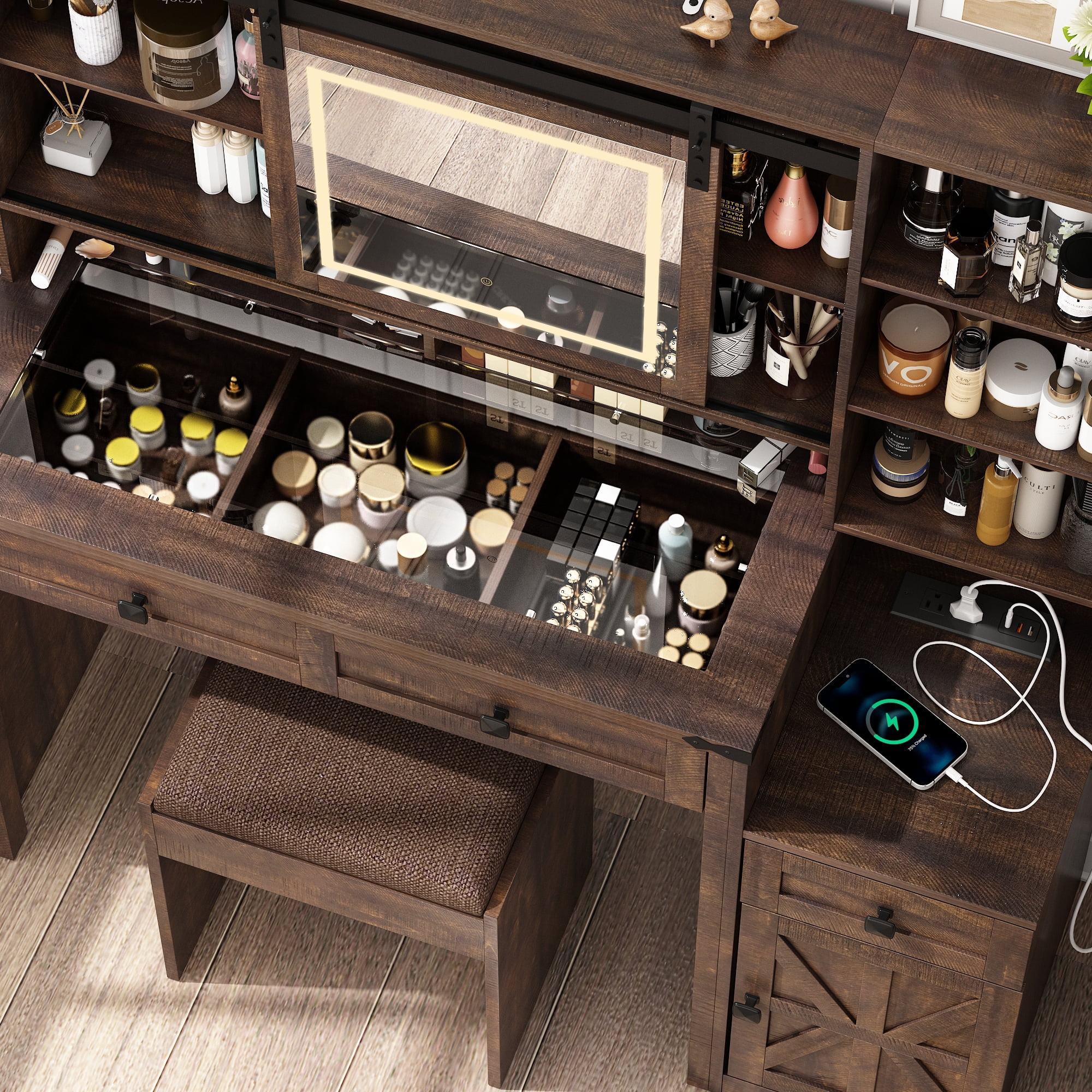 Blotout 47.2" Farmhouse Rustic Makeup Vanity Desk with Sliding Mirror and Lights, Glass Top Vanity Set with Charging Station & 3 Drawers & 1 Cabinet & Stool, Big Vanity (White) - Image 12