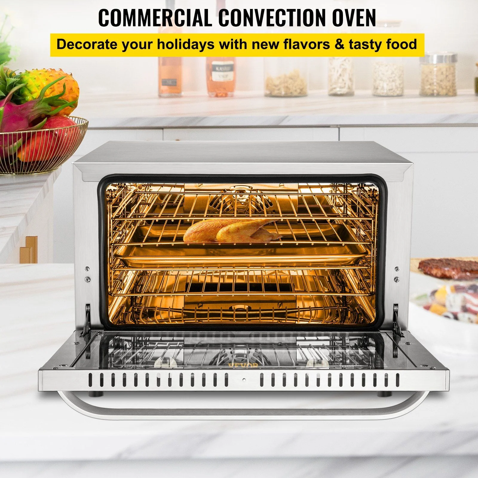 Commercial Convection Oven 47L/43Qt, Half-Size Electric Countertop Baking Oven, 1600W 4-Tier Toaster w/ Front Glass Door, Wire Racks, Tray, Bread Clip & Gloves, 120V ETL Listed