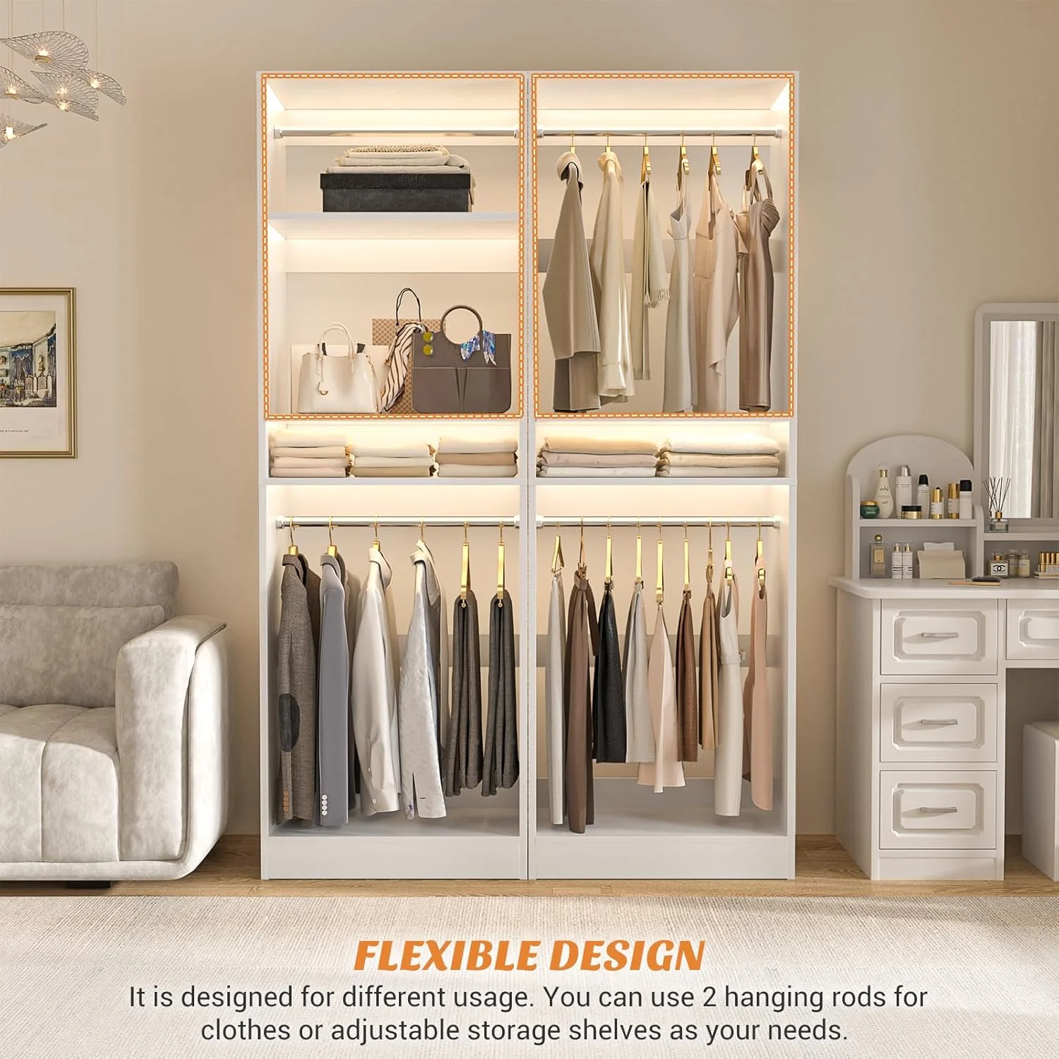 Homieasy 25�?Closet System, Freestanding Closet Organizer Wardrobe with Hanging Rods and Shelves, Adjustable Clothes Garment Rack, Sturdy Walk in Closet Tower, White - Image 7