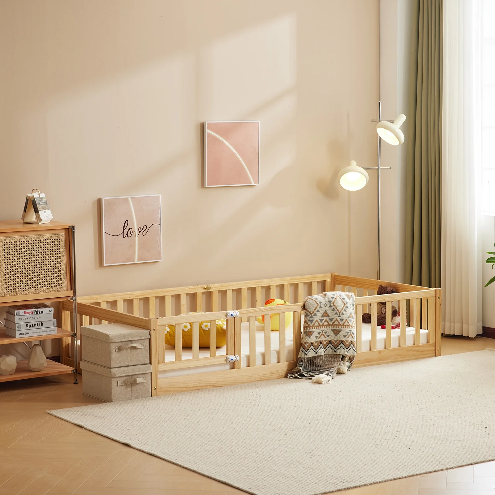 Zimtown Montessori Floor Bed Frame, Full Size Kids Toddler Bed with Fence and Door, Wooden Platform Bed, White - Image 14