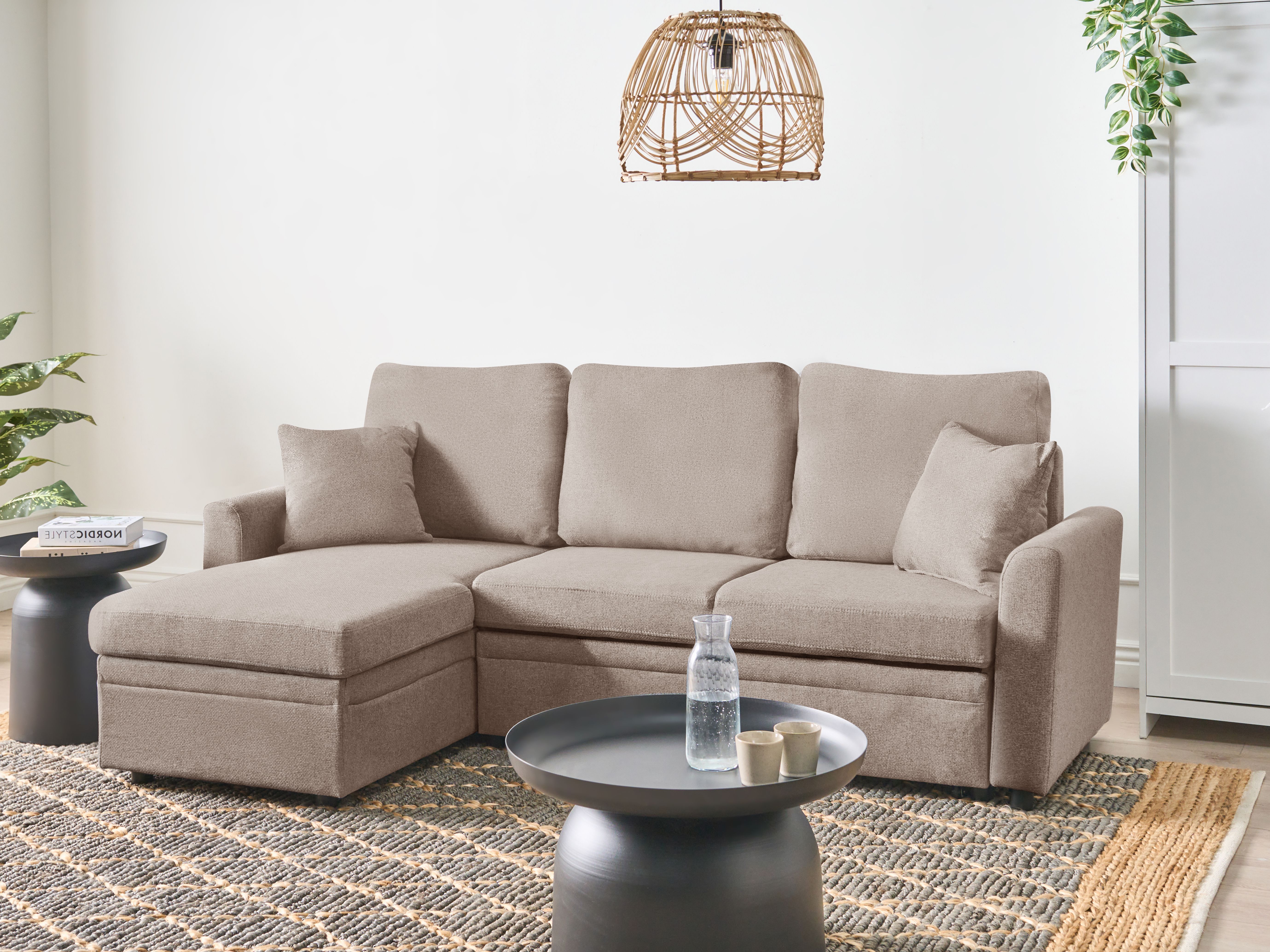 Corner Sofa Bed 3 Seater NASSJO Faux Linen Light Brown Right Hand