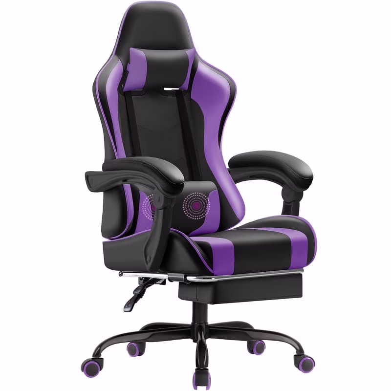 Lacoo PU Leather Gaming Chair Massage Ergonomic Gamer Chair Height Adjustable Computer Chair with Footrest & Lumbar Support, White - Image 9