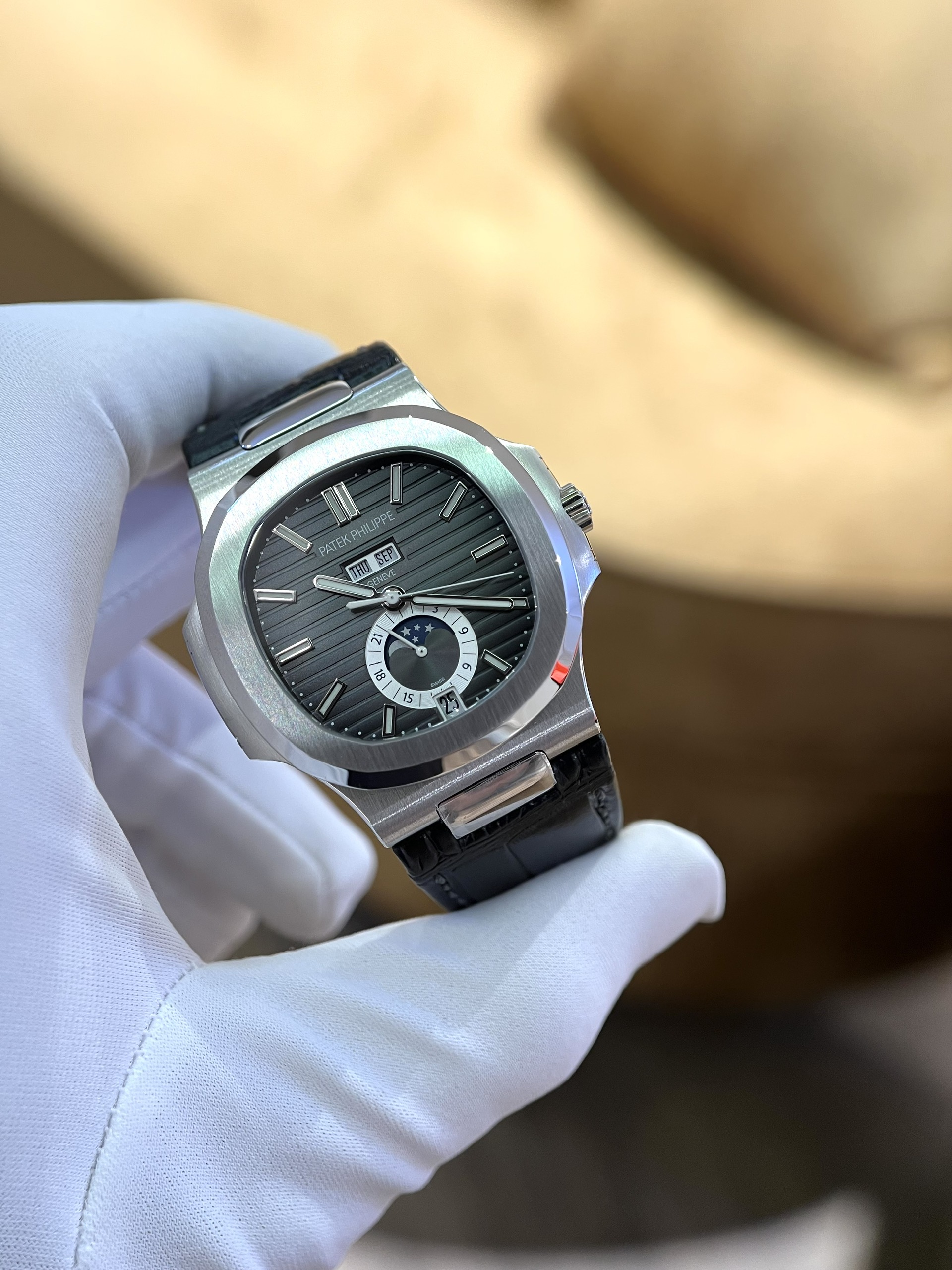 Patek Philippe Nautilus 5726 Replica 1:1 Watch Black Dial Leather Strap Factory PPF 40.5mm - Elite Watch Atelier