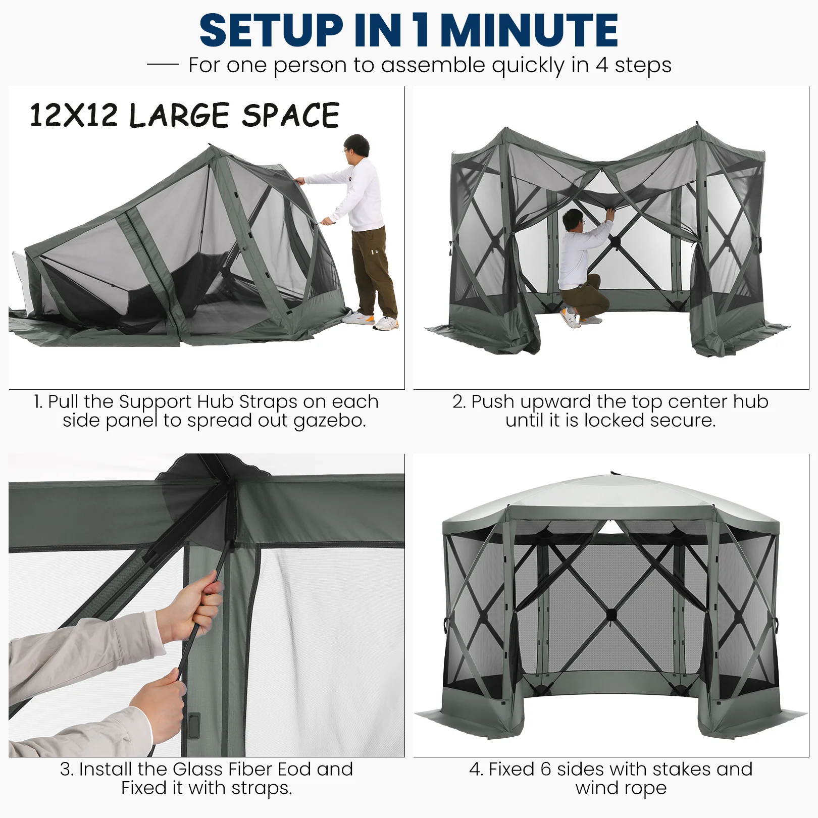 COBIZI 12'x12' Pop-up Gazebo Outdoor Camping Tent with 6 Sides Mosquito Netting, Waterproof, UV Resistant, Portable Screen House Room, Easy Set-up Party Tent with Carry bag, Ground Spike, Brown - Image 27