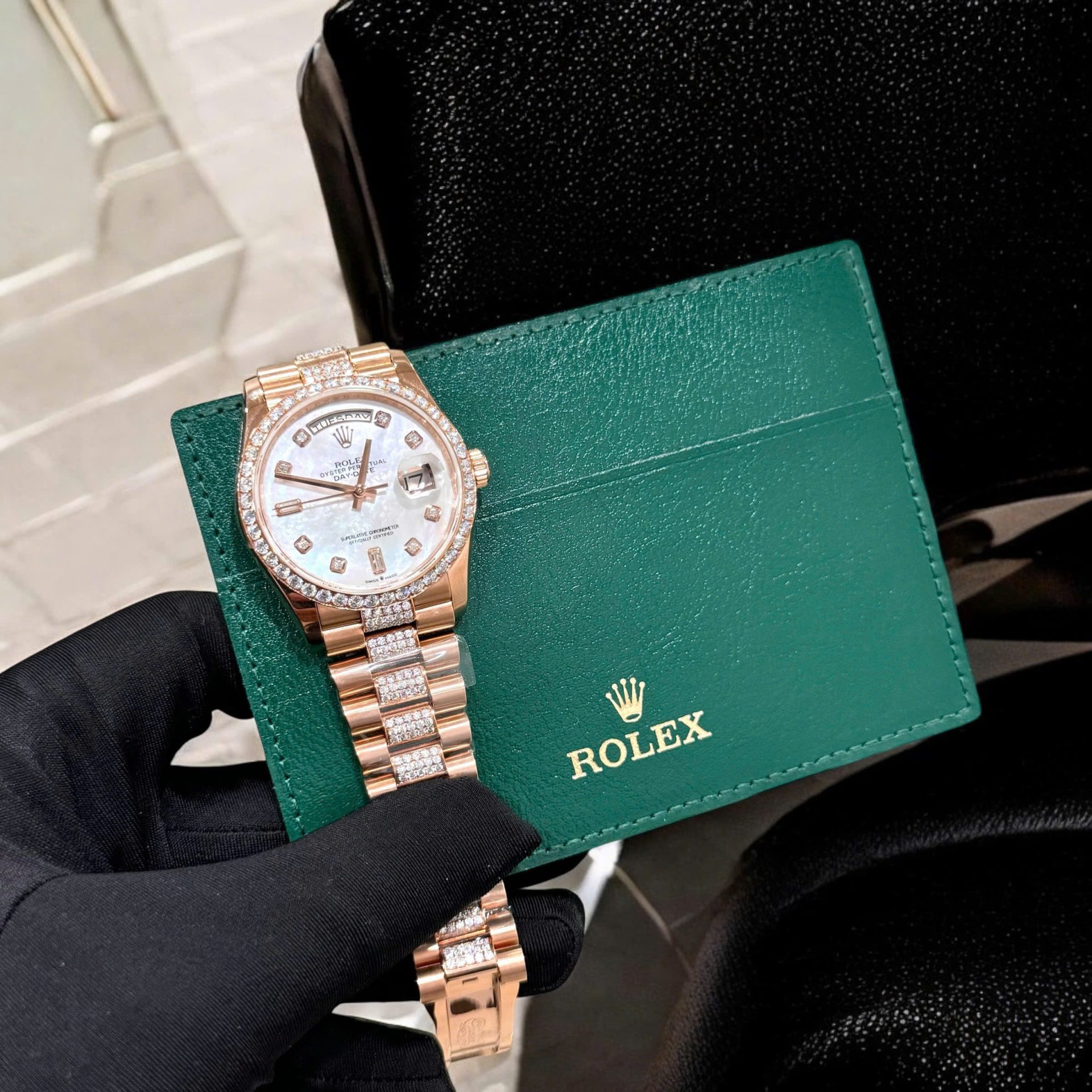 Rolex Day-Date Replica Watch Gold Wrapped Moissanite Diamonds Hong Kong 36mm - Elite Watch Atelier