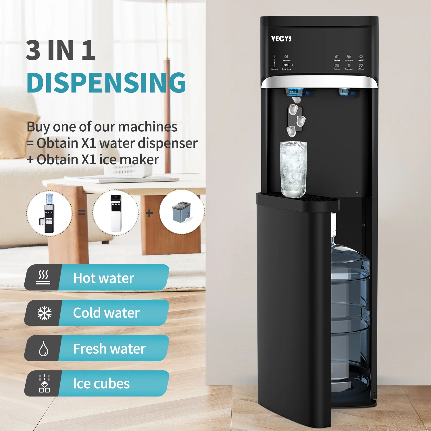 VECYS 5 gal Water Dispenser with Ice Maker, Self-clean & Child Lock - Image 2