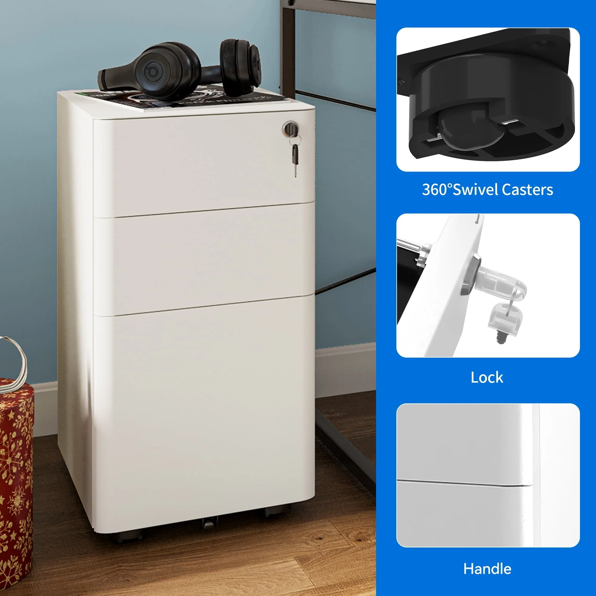 Dextrus Steel Rolling File Cabinet with Lock 3 Drawer Slim Document Organizer Office Furniture