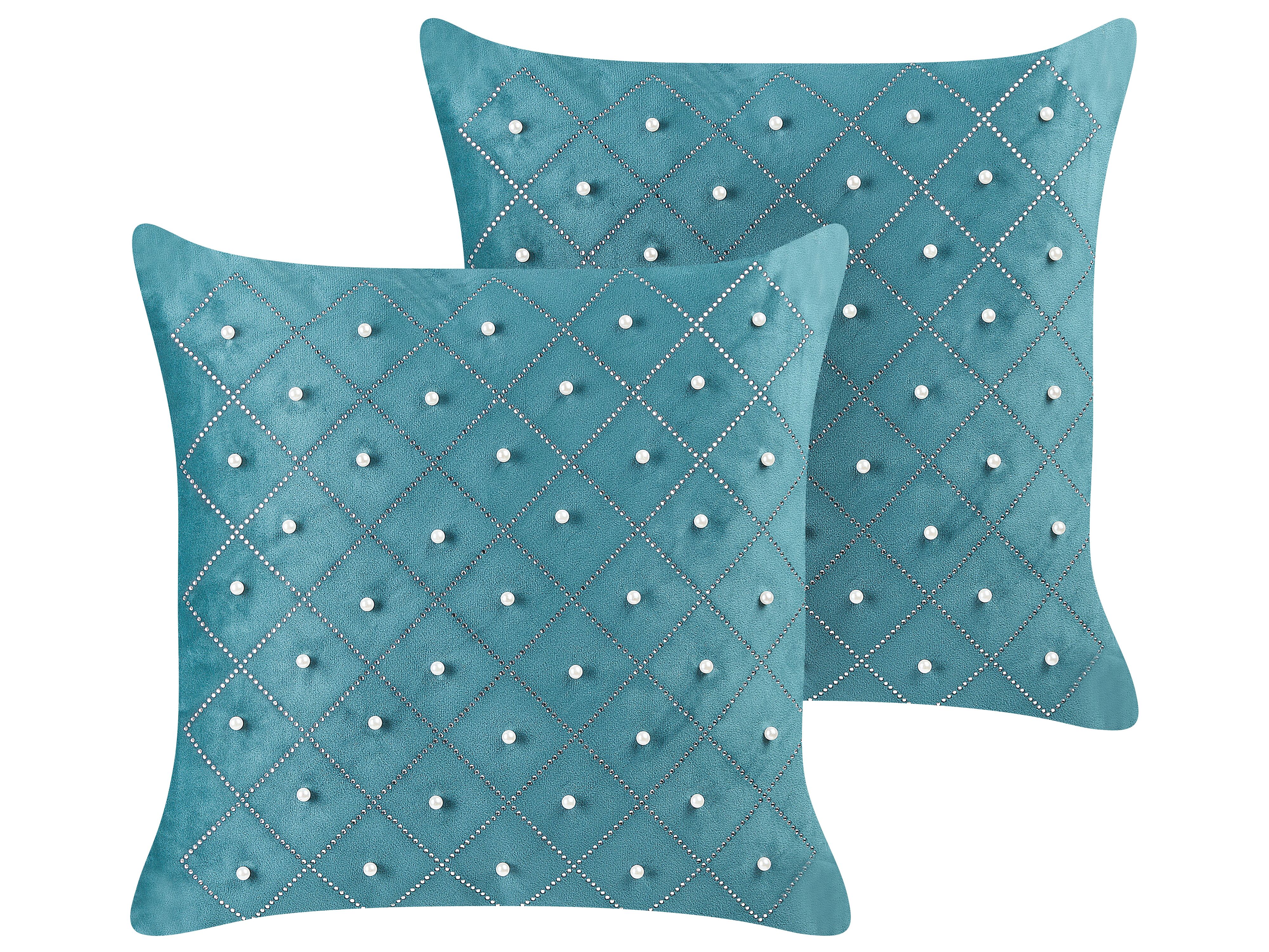 Set of 2 Decorative Cushions YARROW Velvet 45 x 45 cm Teal Geometric Pattern