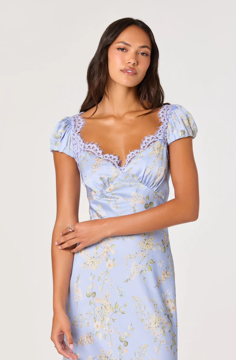 Makaela Puff Sleeve Floral Satin Midi Dress