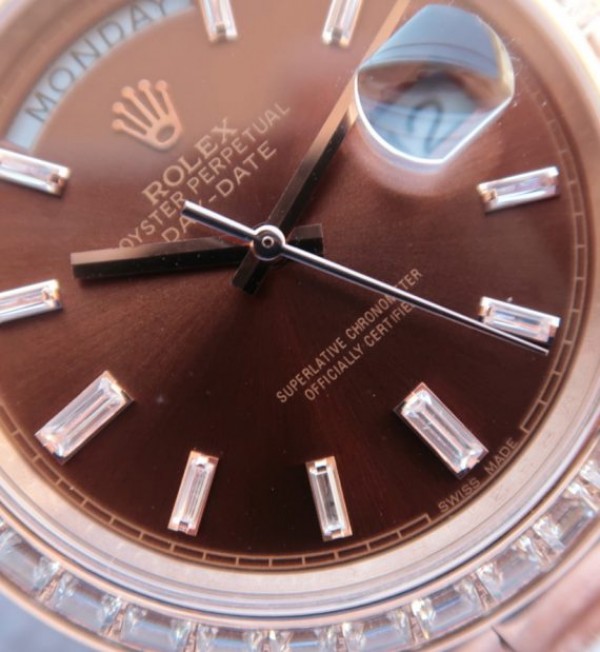 Replica Rolex Day-Date 41mm 218399 RG Brown Dial Diamonds Bezel RG Bracelet A3255 - Elite Watch Atelier