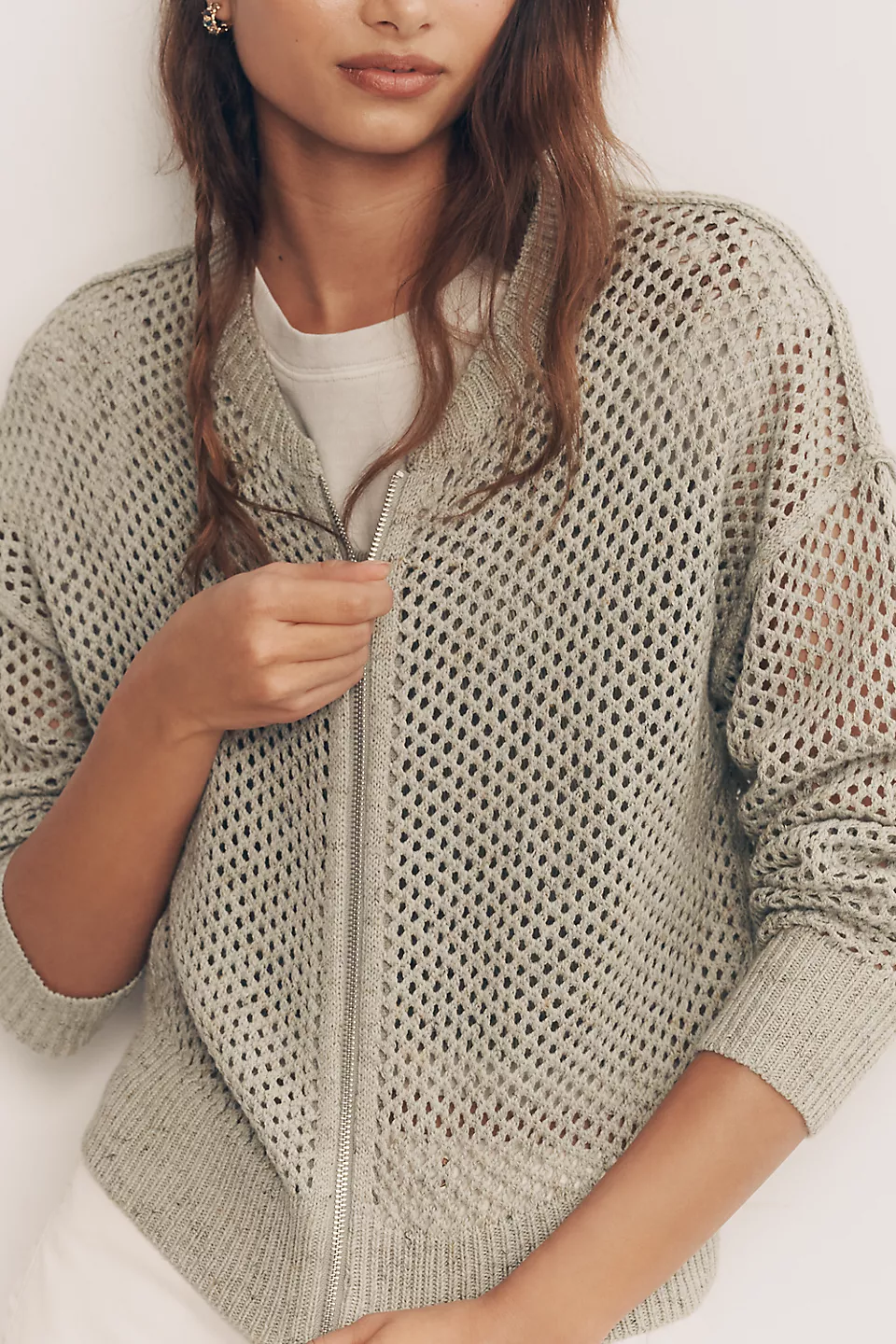 Open-Knit Bomber Cardigan - Powdered Sage