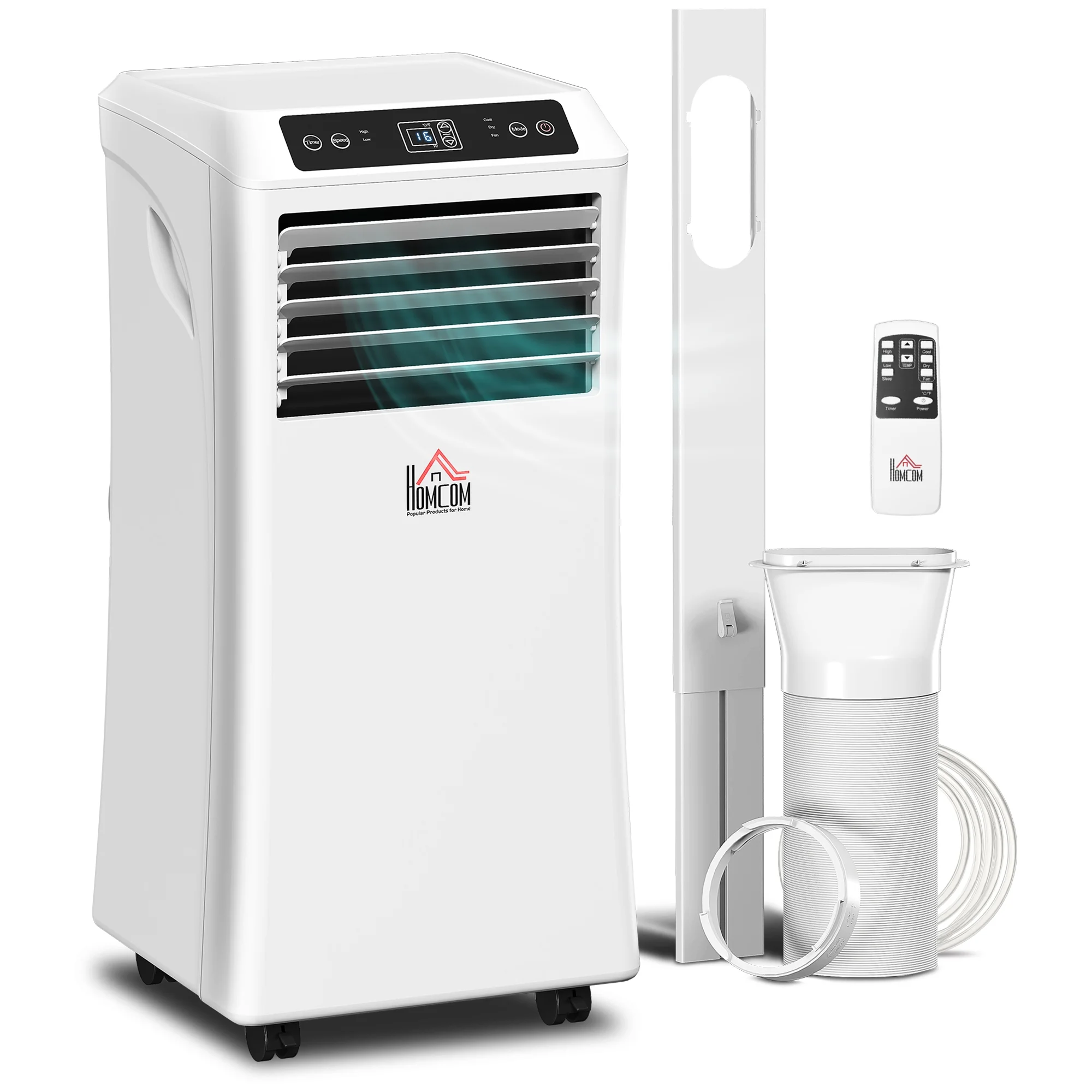 HOMCOM 8000 BTU Mobile Portable Air Conditioner with Cooling, Dehumidifier, and Ventilating with Remote Control, 2 Speed Fans, 24-Hour Timer for Bedroom, Living Room, Home Office, White