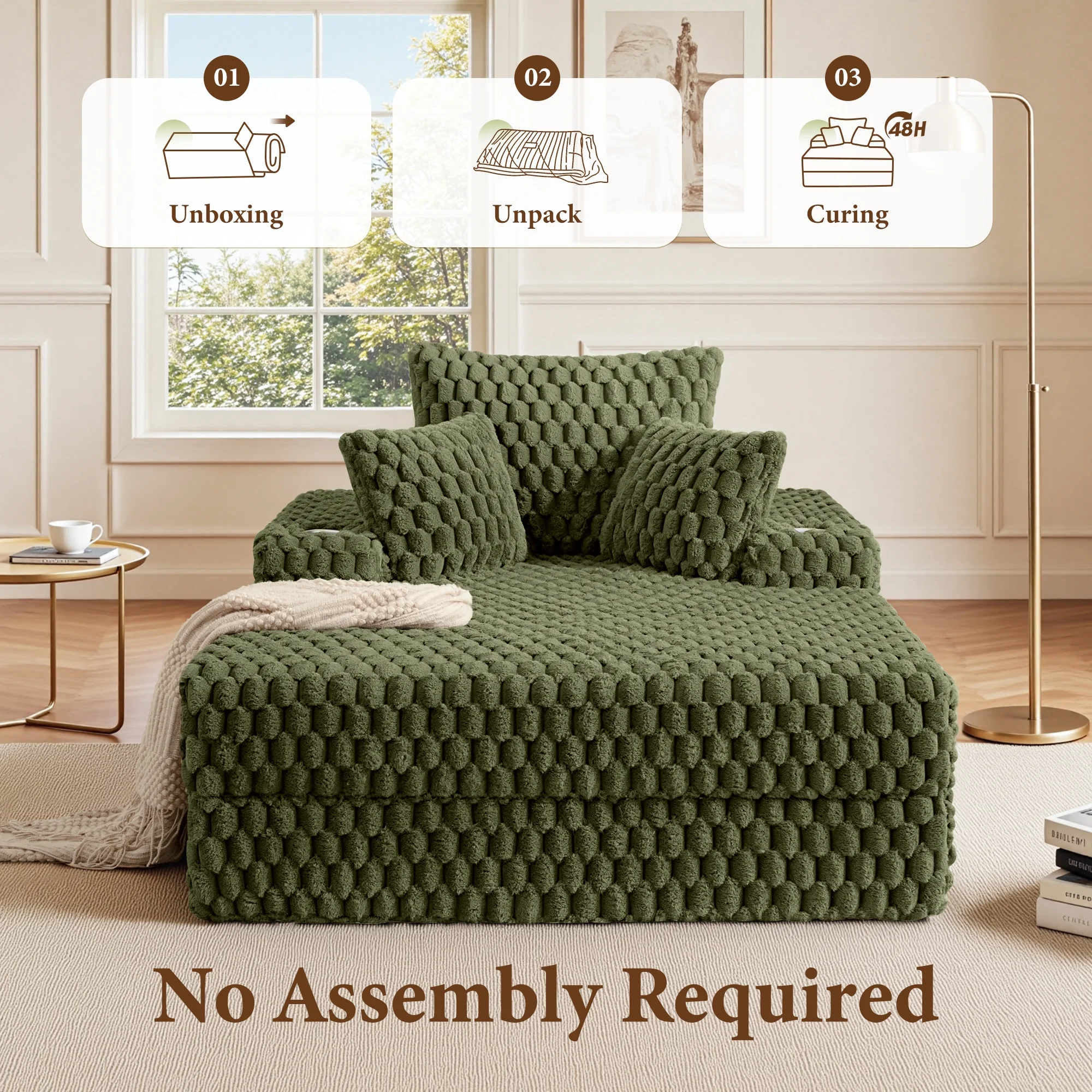 ATHOPE 53"W Oversized Chaise Lounge Chair Indoor, Corduroy Couch Chair with Pillows, Comfy Reading Chairs with Wide Arms, Upholstered Sleeper Sofa for Living Room, No Assembly Required, Gray - Image 33