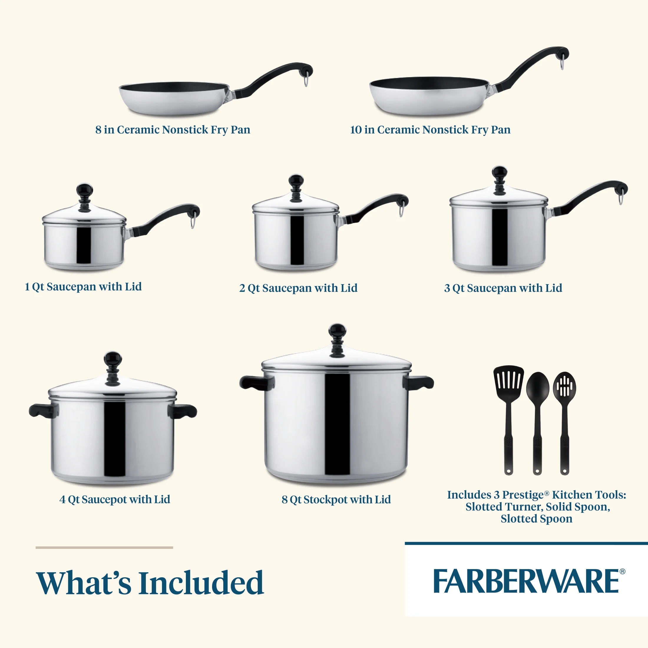 Farberware Classic Series 15 Pcs Stainless Steel and Nonstick Cookware Set with Cooking Tools, Induction Compatible, Metal Utensil and Dishwasher Safe, Stainless Steel
