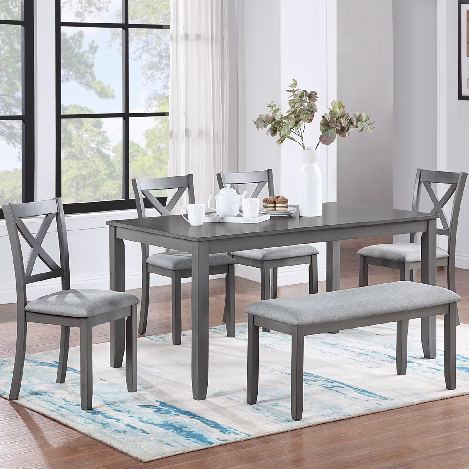 Dining Room Set, LEGAHOME 6 Piece Dining Sets with Bench and Chairs, Solid Wood Kitchen Dining Table Set for 6 with Upholstered Chairs, Gray - Image 9