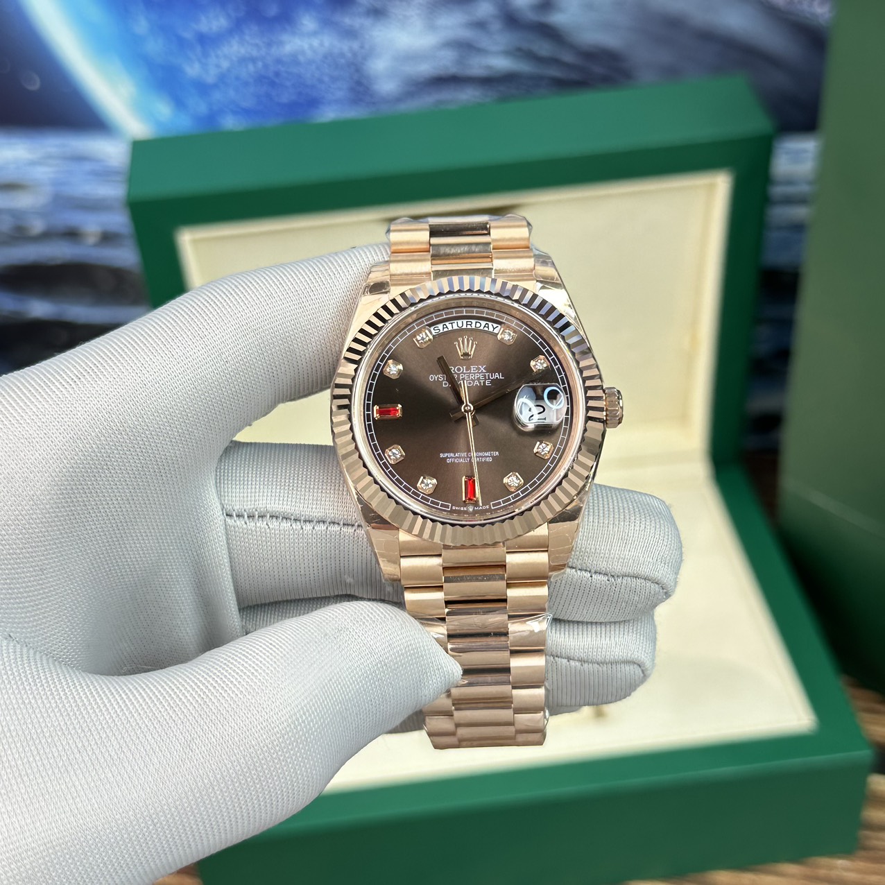 Rolex Day-Date Replica Watch With Red Ruby Dial EW Factory 40mm - Elite Watch Atelier