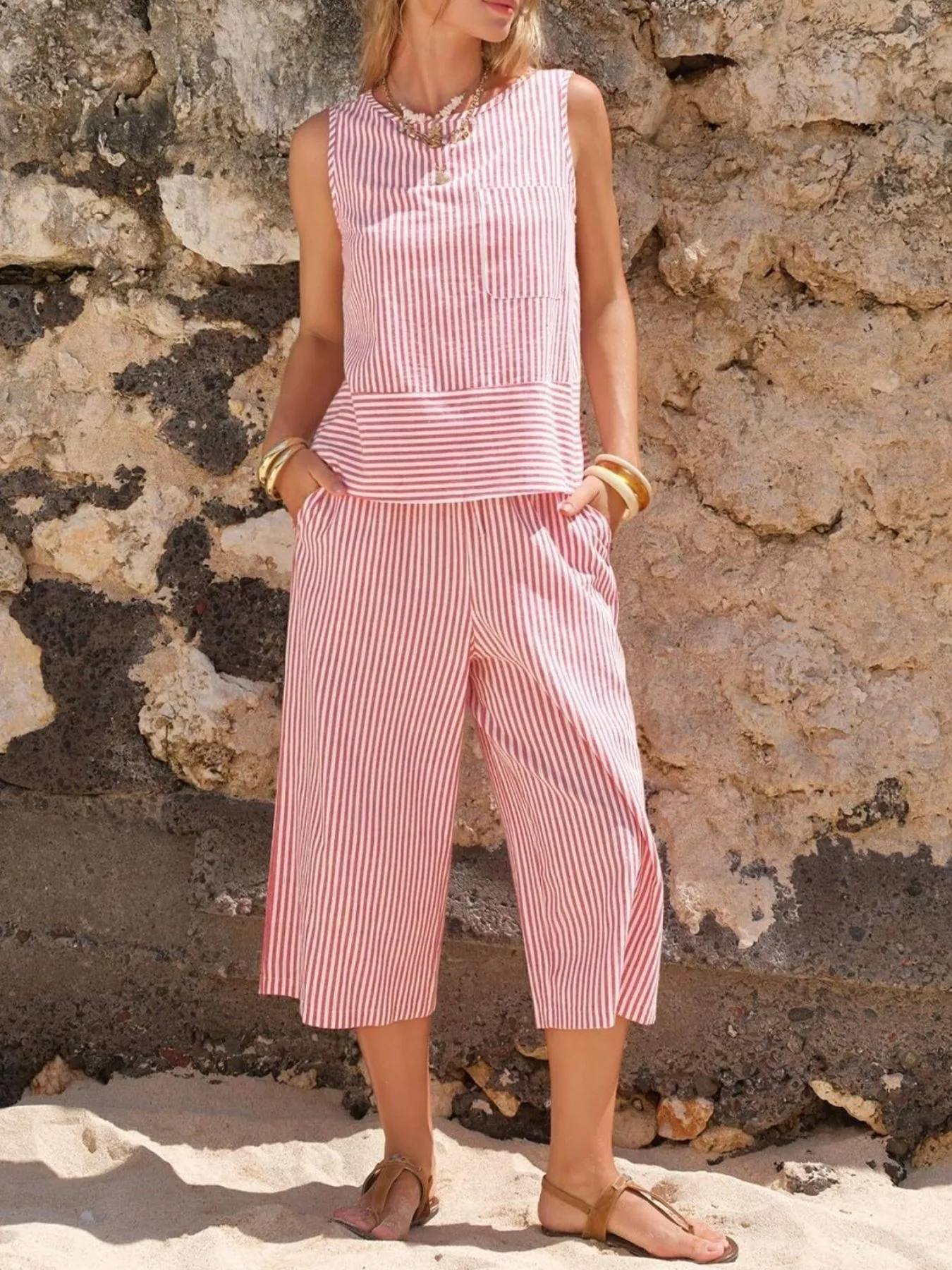 Striped Sleeveless Top and Cropped Pants Set - ZKZOOK
