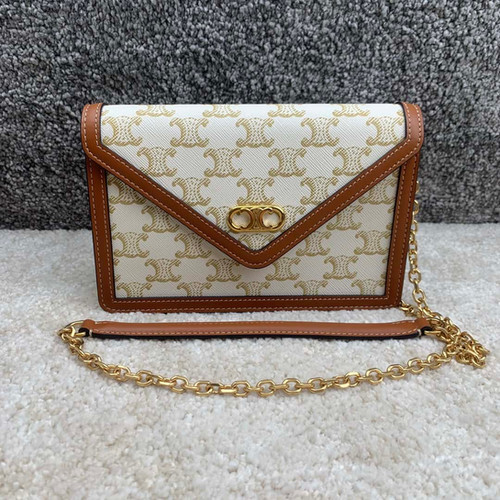 CELINE MAILLON TRIOMPHE Logo Printed Sheepskin Chain Wallet White Flower