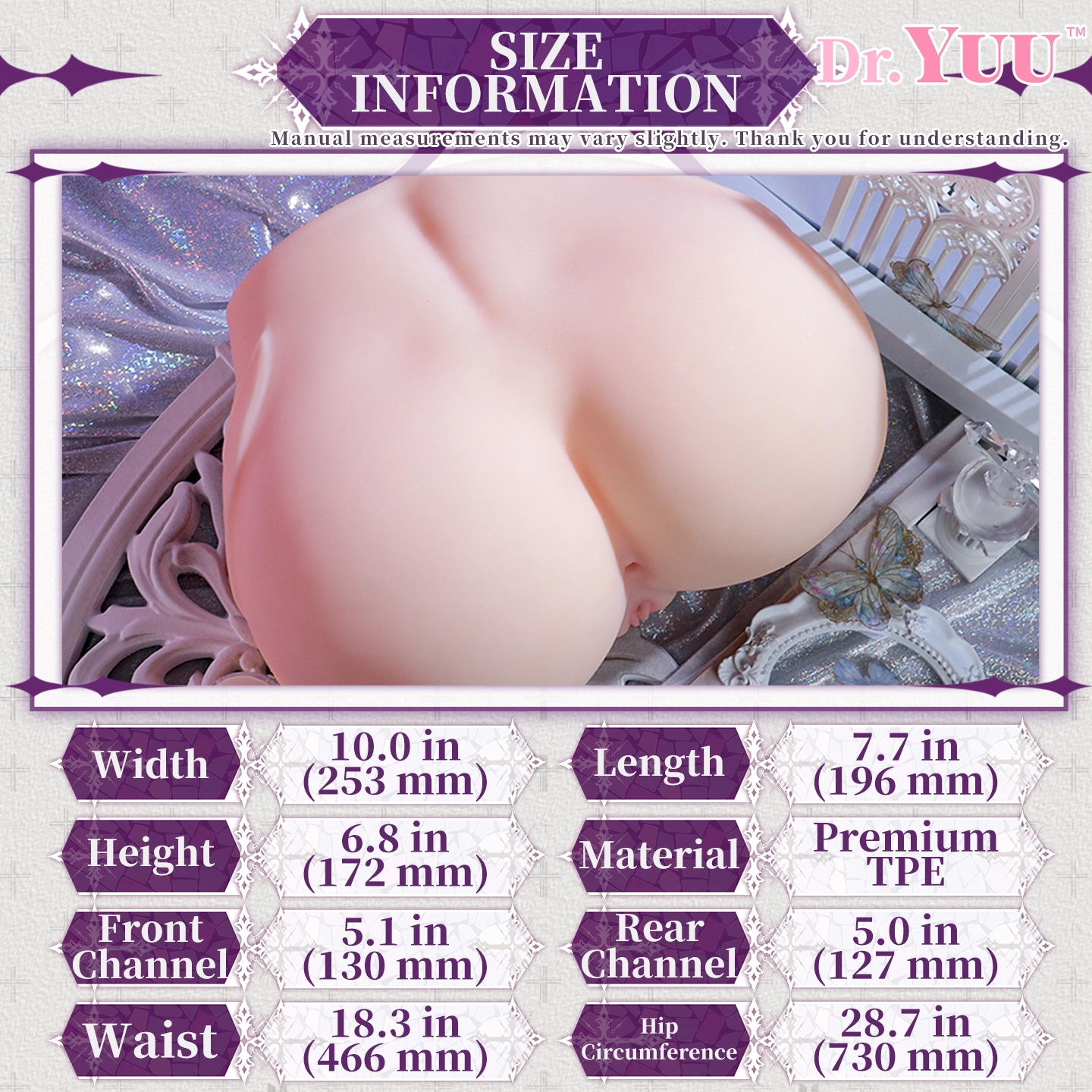 Dr.YUU succubus ass masturbator specifications with 9.57 lb weight 5.1 inch front canal and 5.0 inch rear canal
