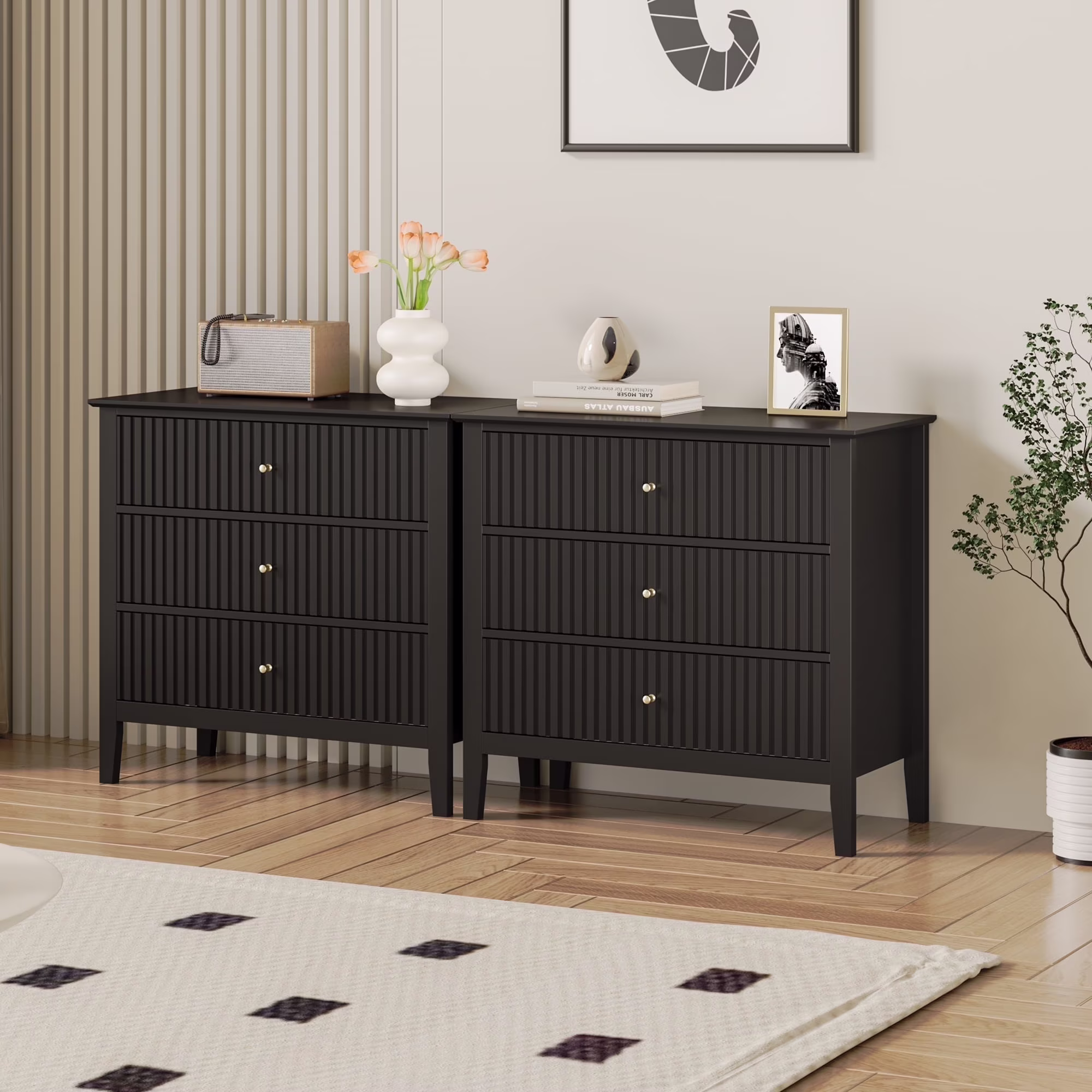 May Color Large White 3 Drawer Dresser Set of 2 with Fluted Panel, Modern Chest of Drawers with Silent Slide Drawers, Wood Accent Nightstand with Storage for Bedroom Living Room, Hallway - Image 7