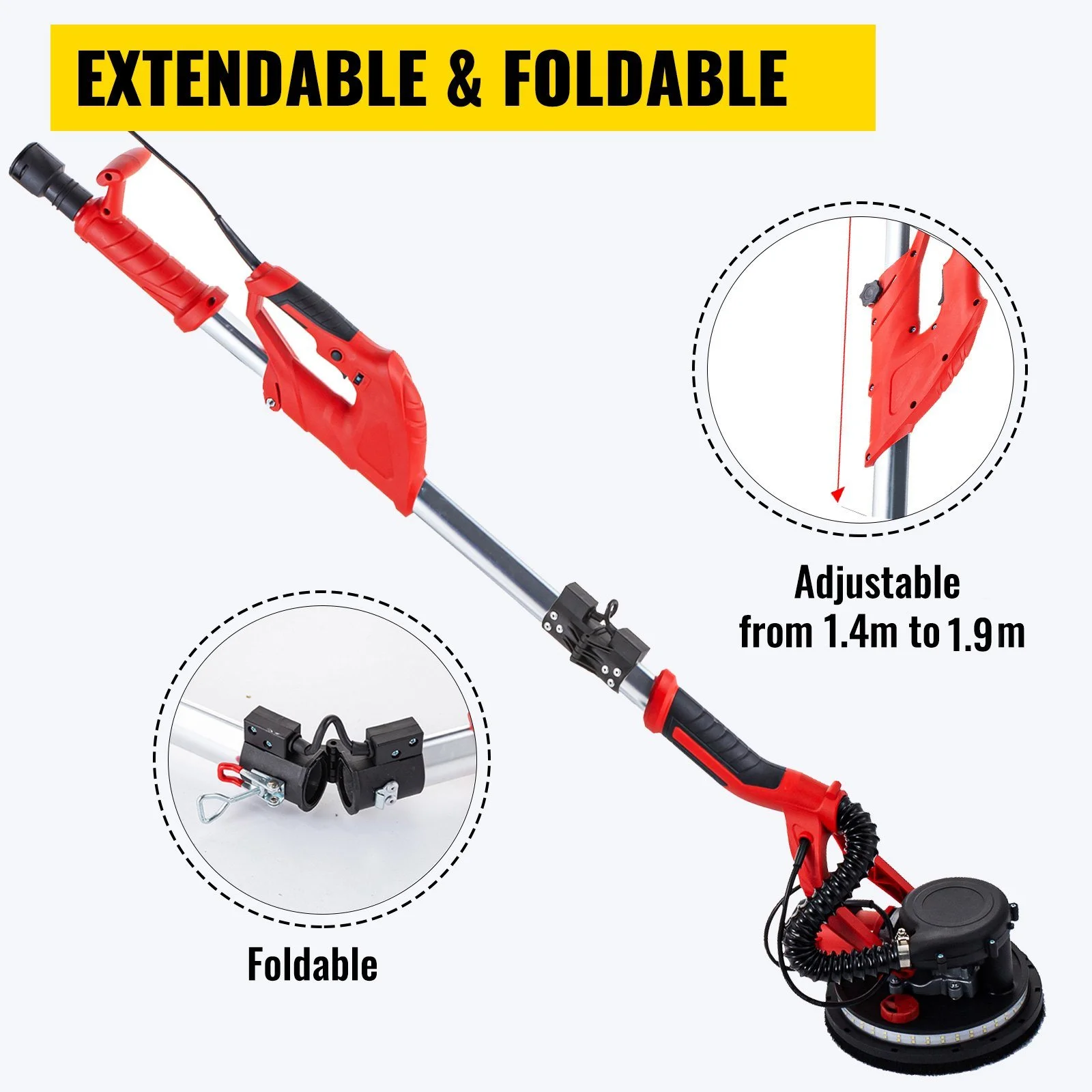 VEVOR Drywall Sander 850W, Electric Drywall Sander, Variable Speed 800-1750 RPM, Foldable Sheetrock Sander, with Telescope Handle, Electric Sander, with LED Strip Light and Vacuum Bag, Wall Sander - Image 4