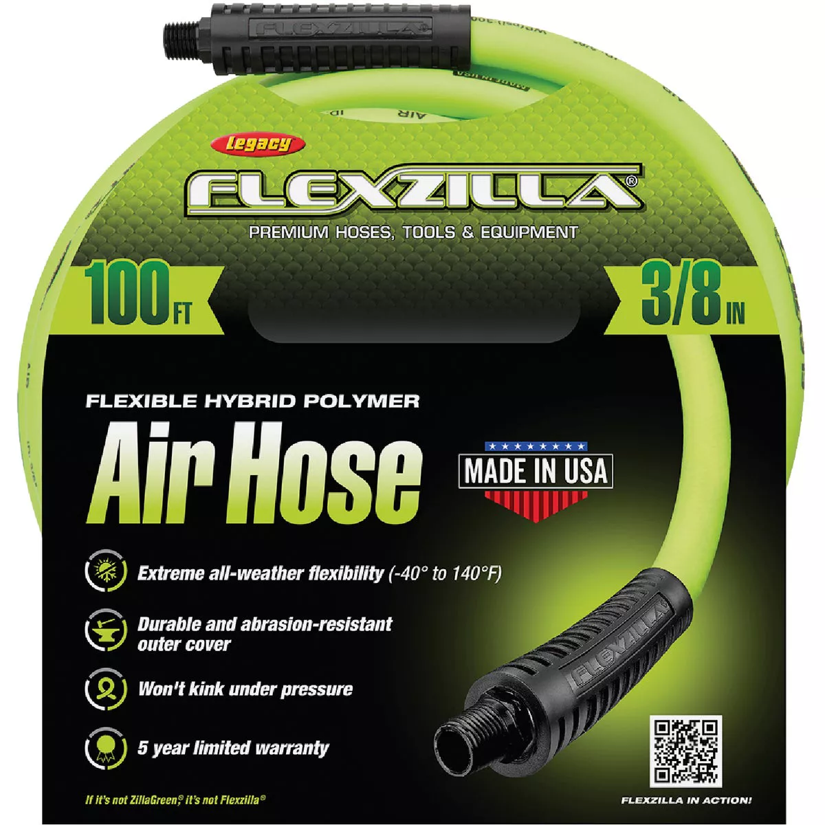 Flexzilla 3/8 In. x 100 Ft. Polymer-Blend Air Hose with 1/4 In. MNPT Fittings
