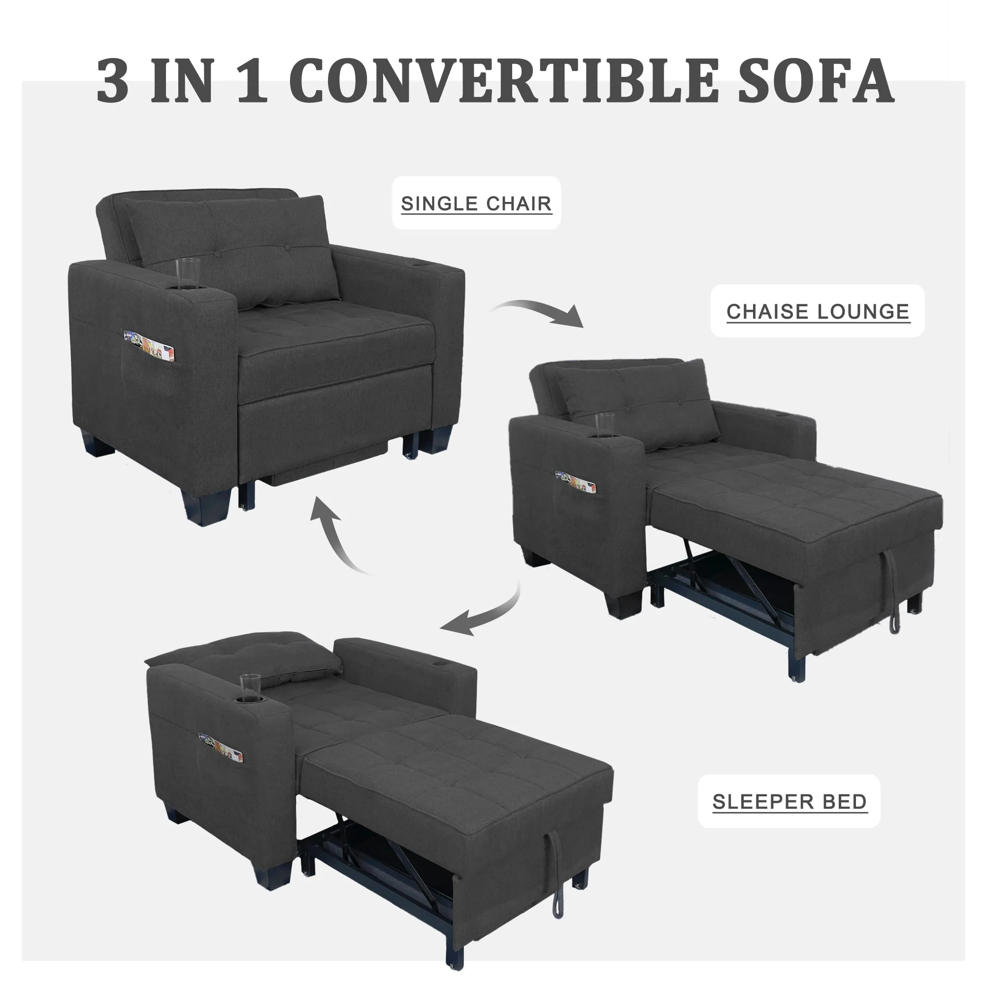 DURASPACE 3 in 1 Convertible Sleeper Chair Bed with Usb Port, Linen Pull Out Chair Indoor, Dark Gray - Image 2