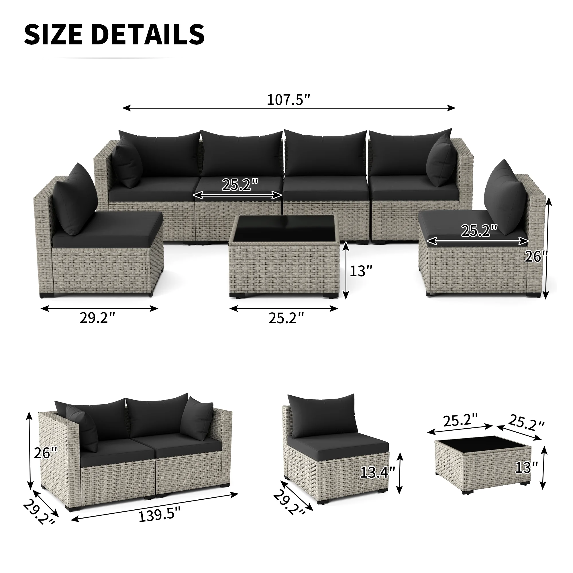 7 Pieces Patio Conversation Set, Outdoor Sectional PE Rattan Wicker Furniture Seat,Dark Gray - Image 53