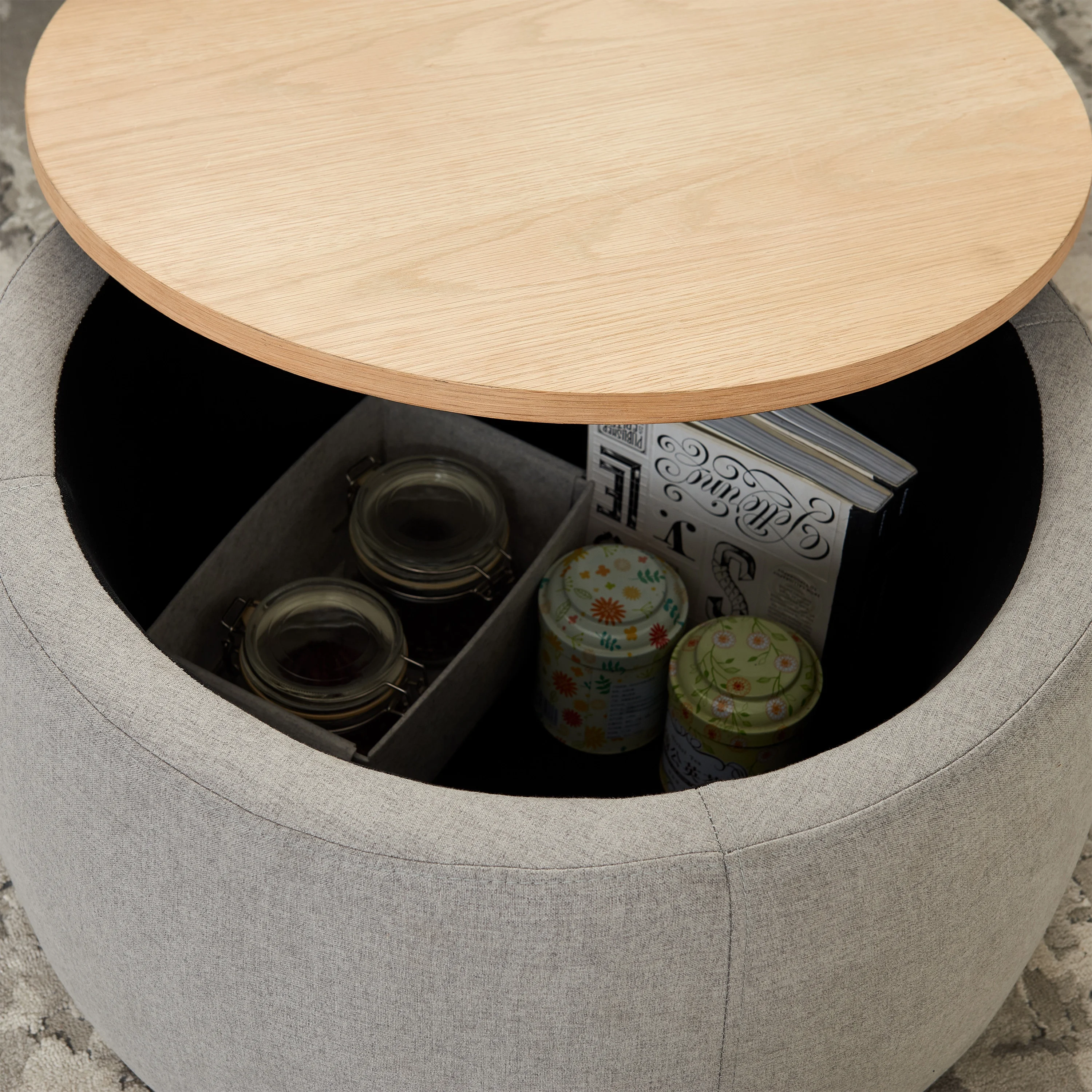 BTMWAYRound Coffee Table, 2 in 1 Round Storage Ottoman with Reversible Lid Tray, Upholstered Round Storage Ottoman Coffee Table with Storage, Footstool End Table for Living Room, Bedroom, Light Gray - Image 7
