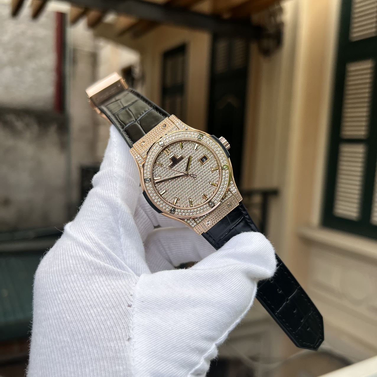 Hublot Classic Fusion King Gold Watch With Full Diamonds HBF Replica Watch 42mm - Elite Watch Atelier