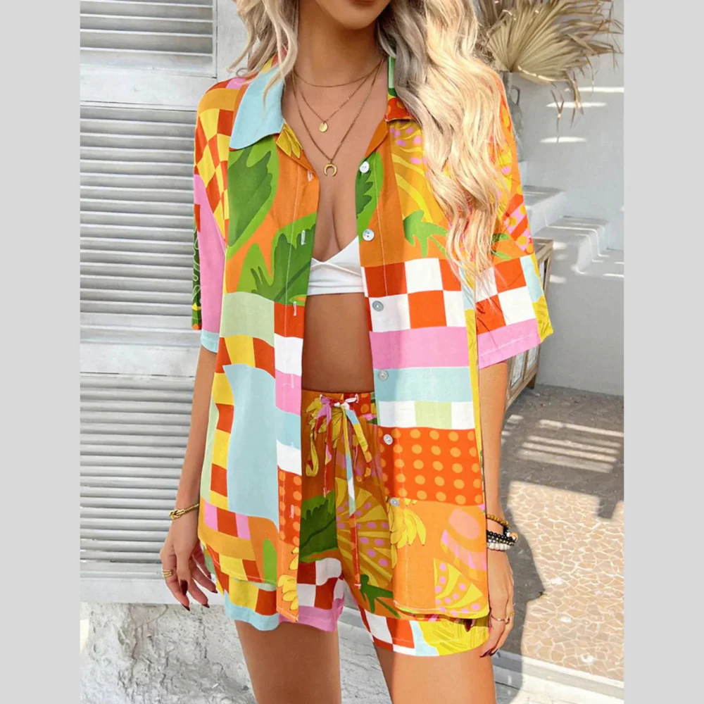 Devine Printed Collared Neck Half Sleeve Top and Shorts Set - ZKZOOK