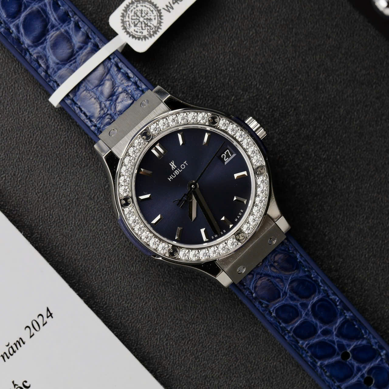 Hublot Classic Fusion Titanium Dial Blue Replica Watch Custom Moissanite Diamonds 33mm - Elite Watch Atelier