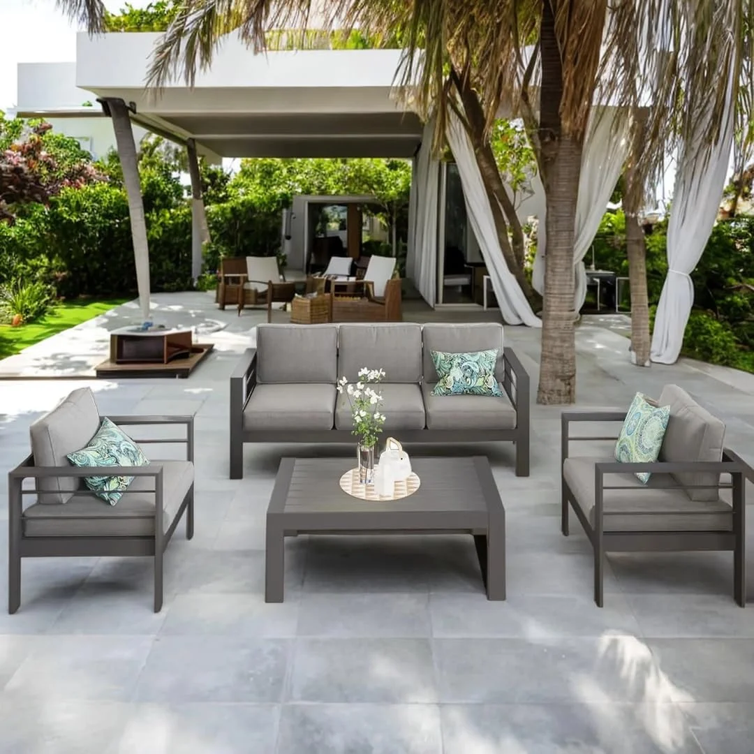 CozyHom 5 Pcs Outdoor Patio Aluminum Furniture Sofa Sets, Outside Patio Conversation Couch Sets With Table&Cushions for Garden Porch, Gray - Image 46