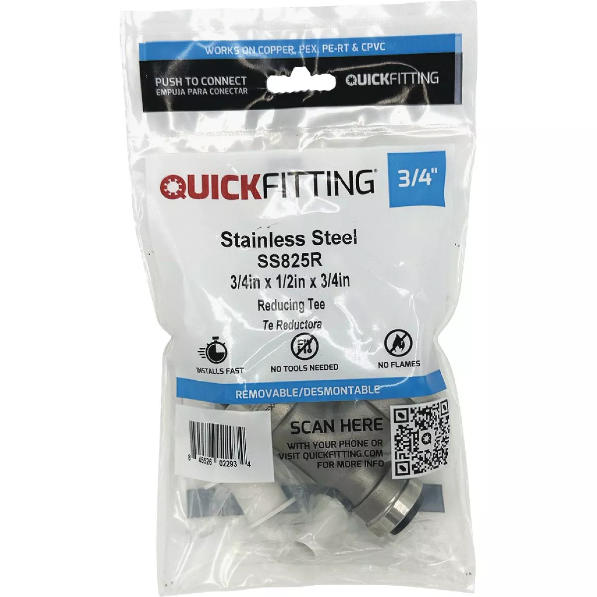QuickFitting 3/4 In. x 1/2 In. x 3/4 In. Push-to-Connect Stainless Steel Reducing Tee
