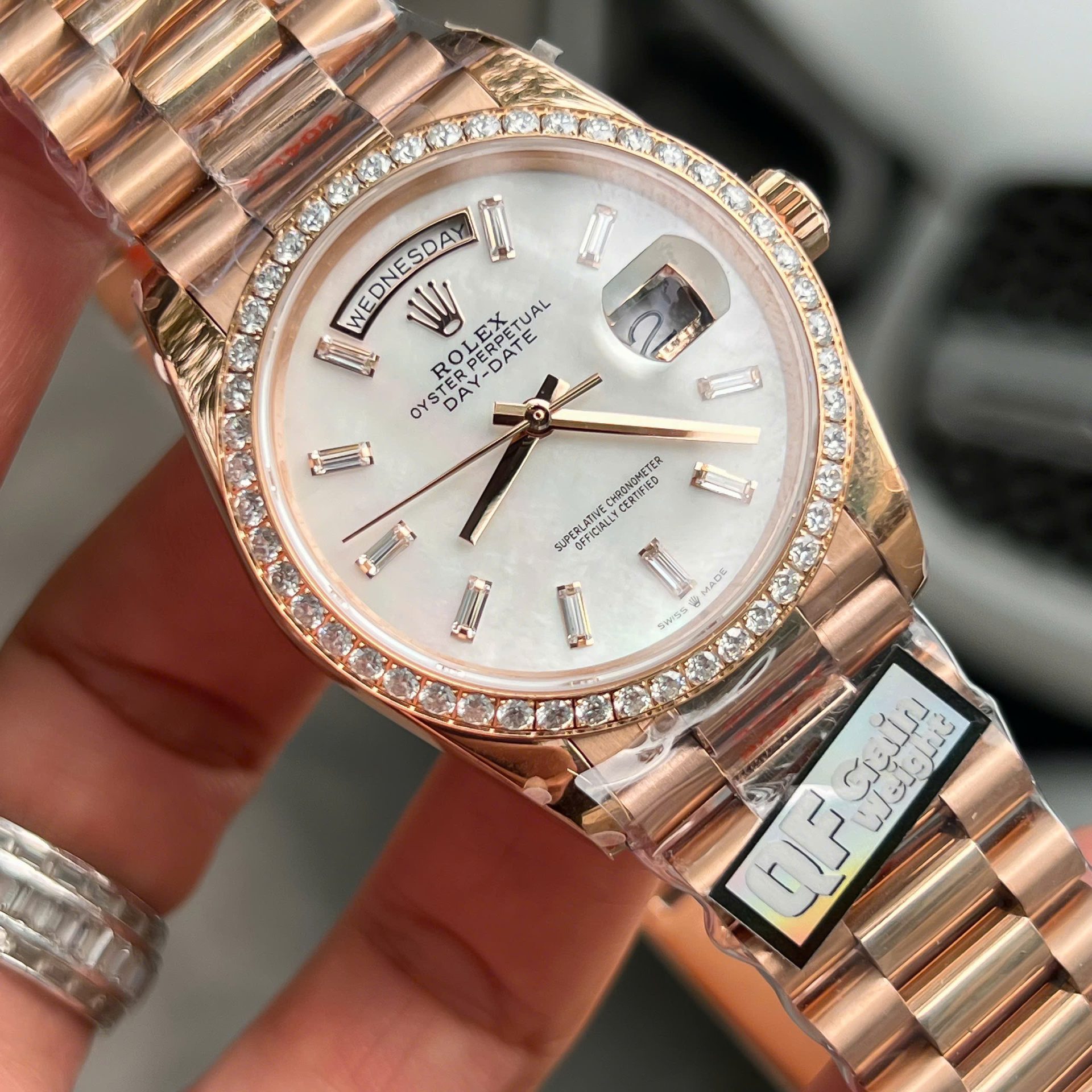 Rolex Day-Date Dial MOP Replica Watch Weight 158 ??Grams Bezel Moissanite Diamonds QF Factory 36mm - Top club