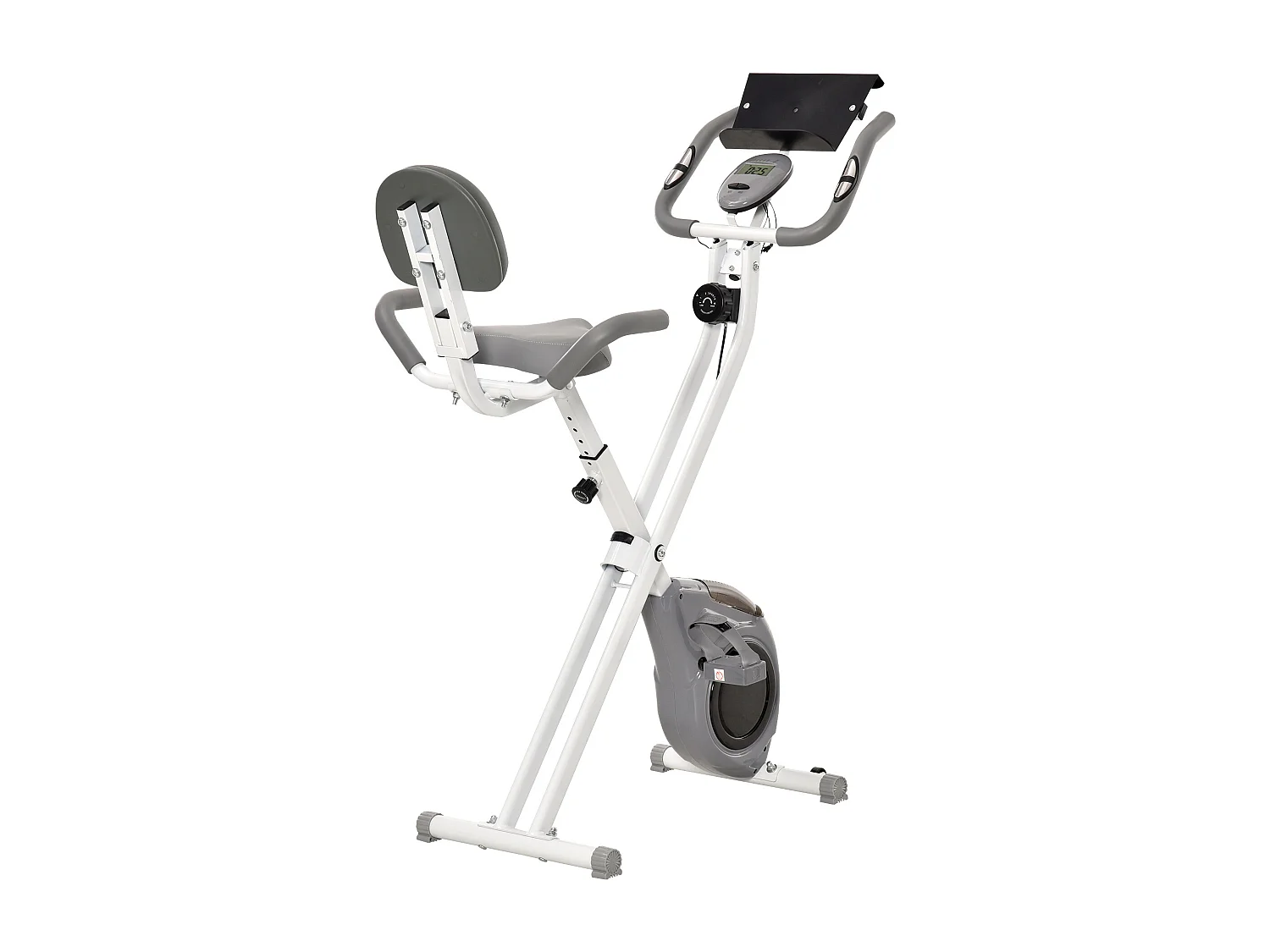 Vélo d'appartement pliable grand confort dossier selle réglable poignées ergonomiques écran LCD multifonction support tablette acier blanc gris