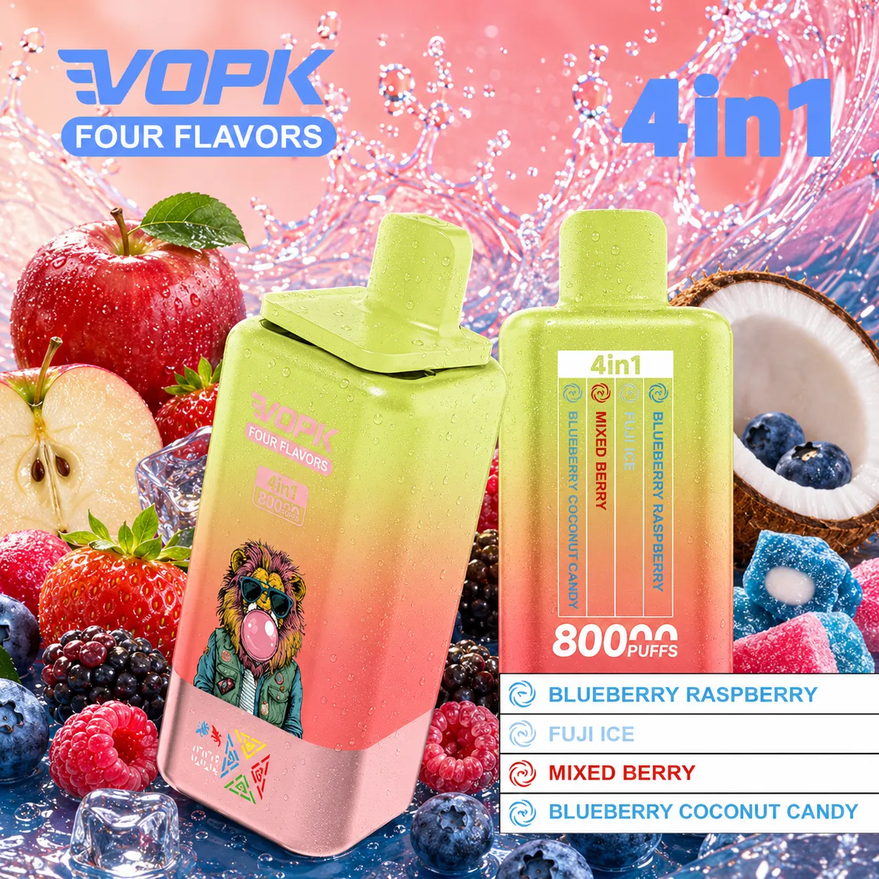 VOPK 80 000 puffów 4in1 – 650 mAh, 0,9 Ω, Type-C, wyświetlacz cyfrowy; 4 smaki w jednym urządzeniu
