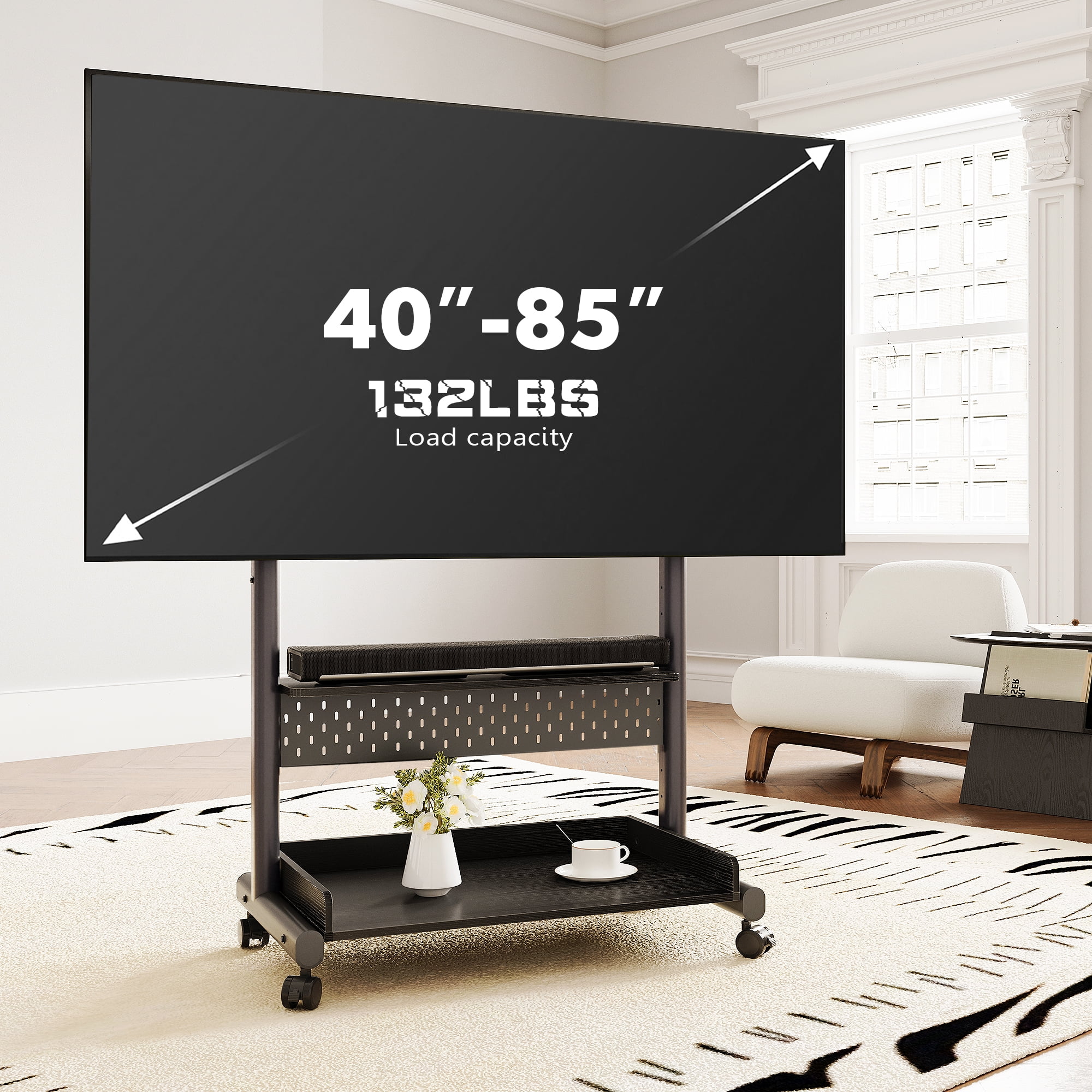 FITUEYES Rolling TV Stand with Wheels for 40-85 inch TVs, Height Adjustable Mobile TV Stand TV cart with Wooden Large Storage,White - Image 13