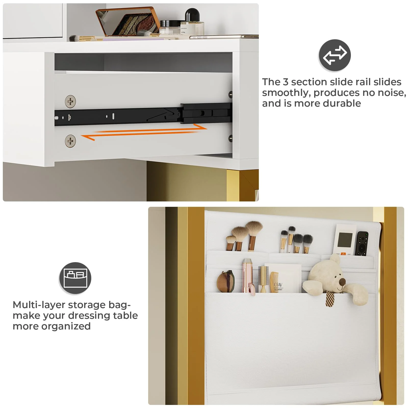 Makeup Vanity Desk with Lighted Mirror & Charging Stations & 6 Drawers Large Vanity Table Bedroom Dressing Table with Glass Tabletop&Side Cabinet&Glass Tabletop, Black - Image 24
