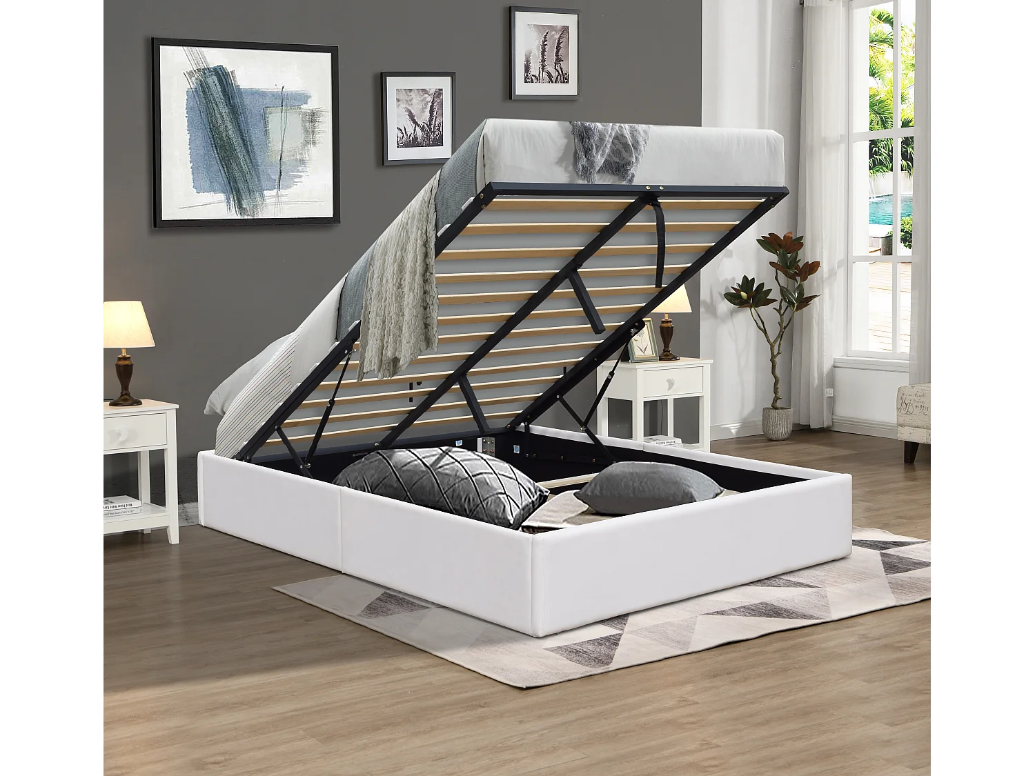 Nuits D'or Solide Lit Coffrer Blanc pour Matelas 140x200 cm - 14 Lattes - Manon + Pieds - Montage Rapide et Facile - rev