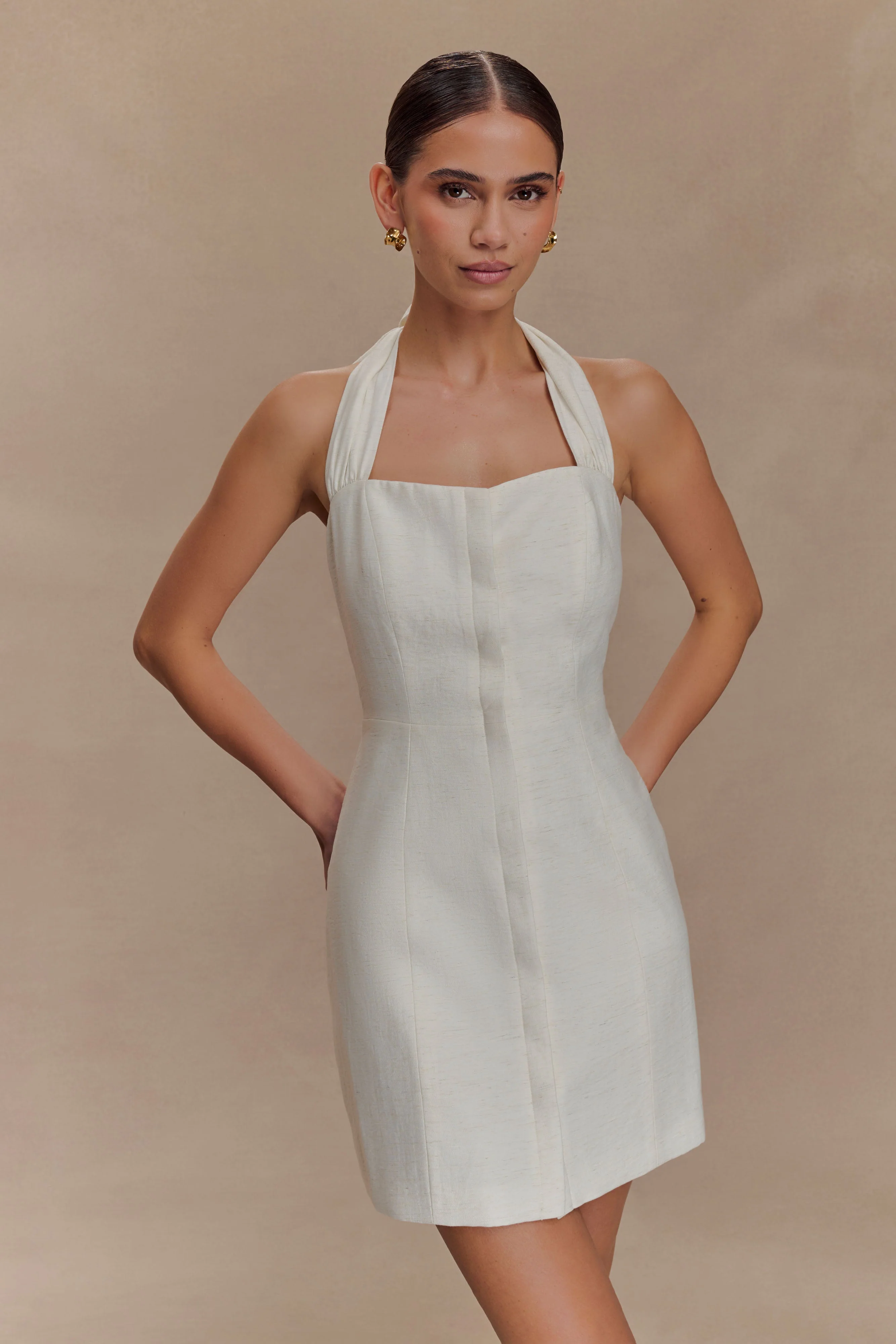 Anya Linen Halter Mini Dress - Oat Marle
